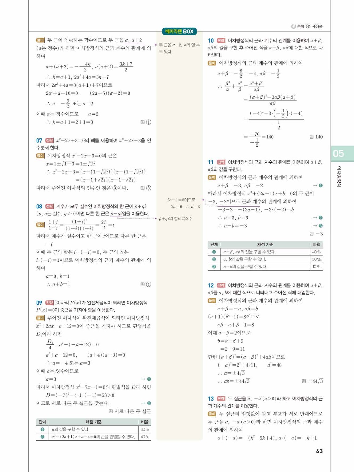 베이직쎈 공통수학1 답지 43페이지