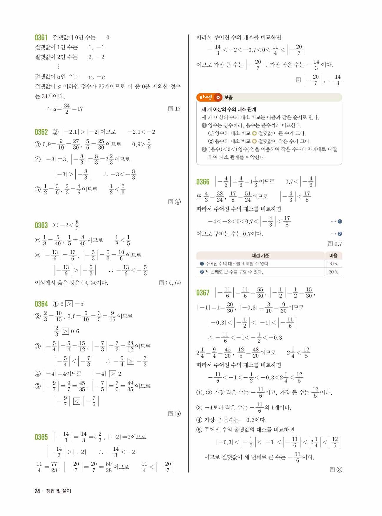라이트쎈 중1-1 답지 24페이지