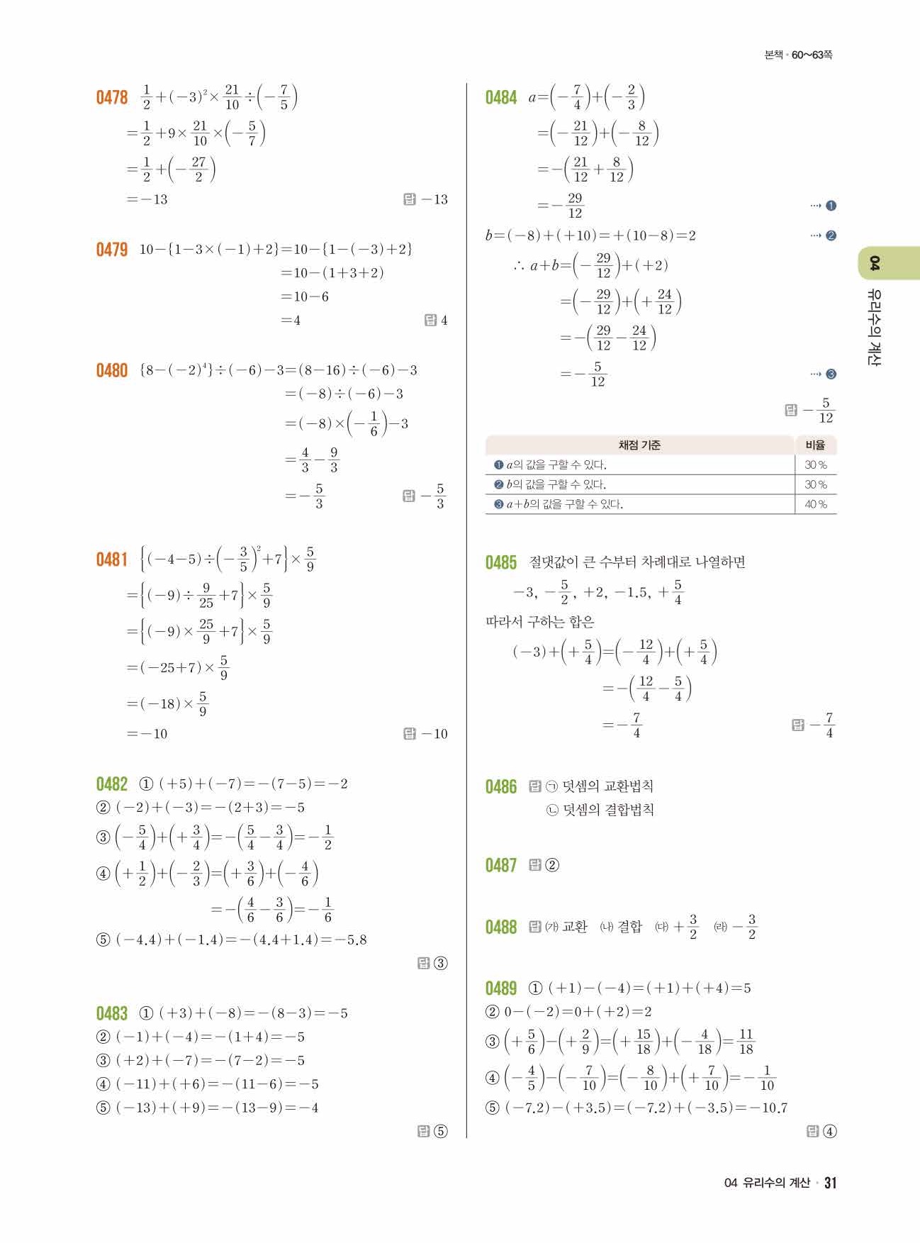 라이트쎈 중1-1 답지 31페이지