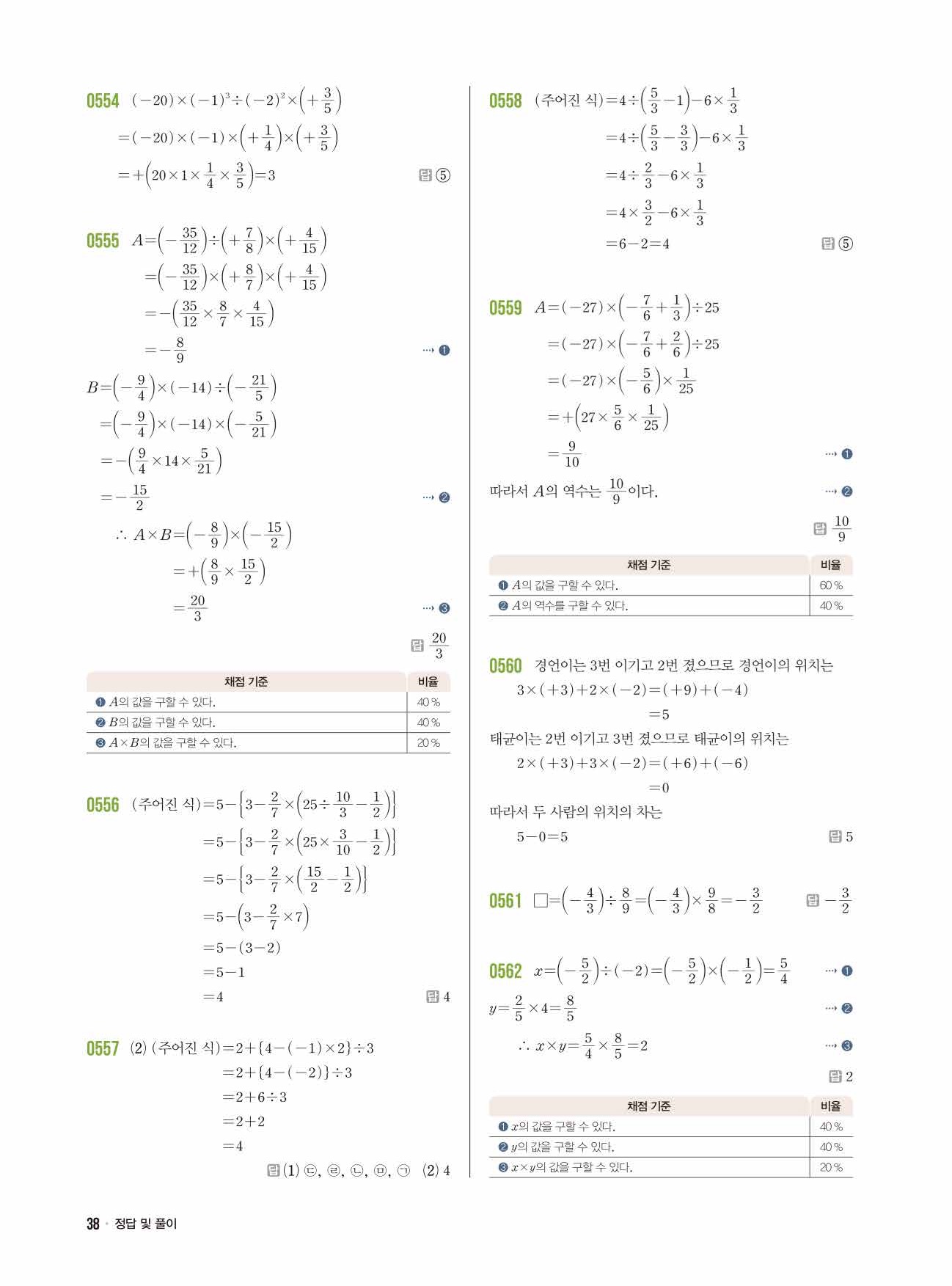 라이트쎈 중1-1 답지 38페이지