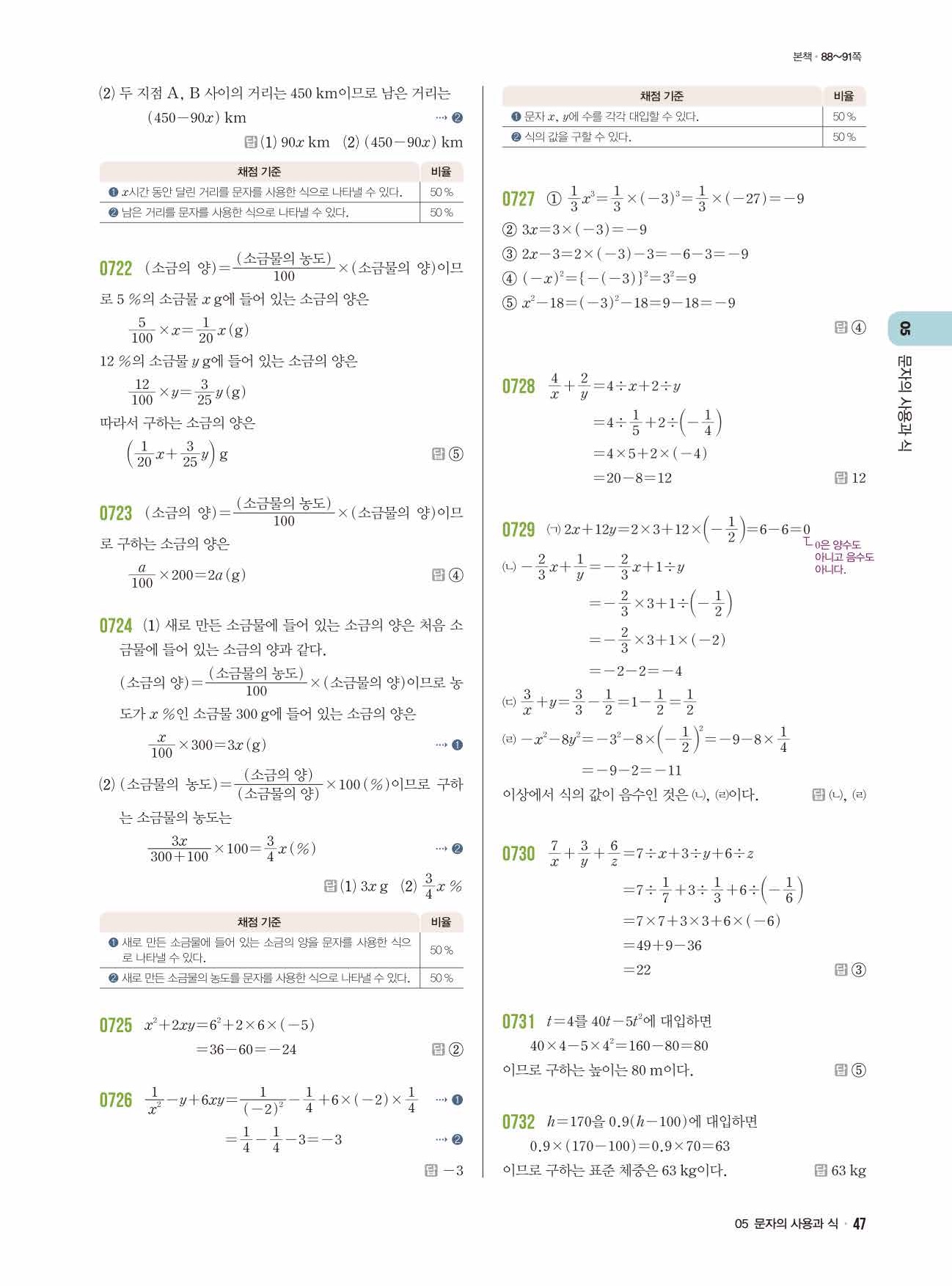 라이트쎈 중1-1 답지 47페이지