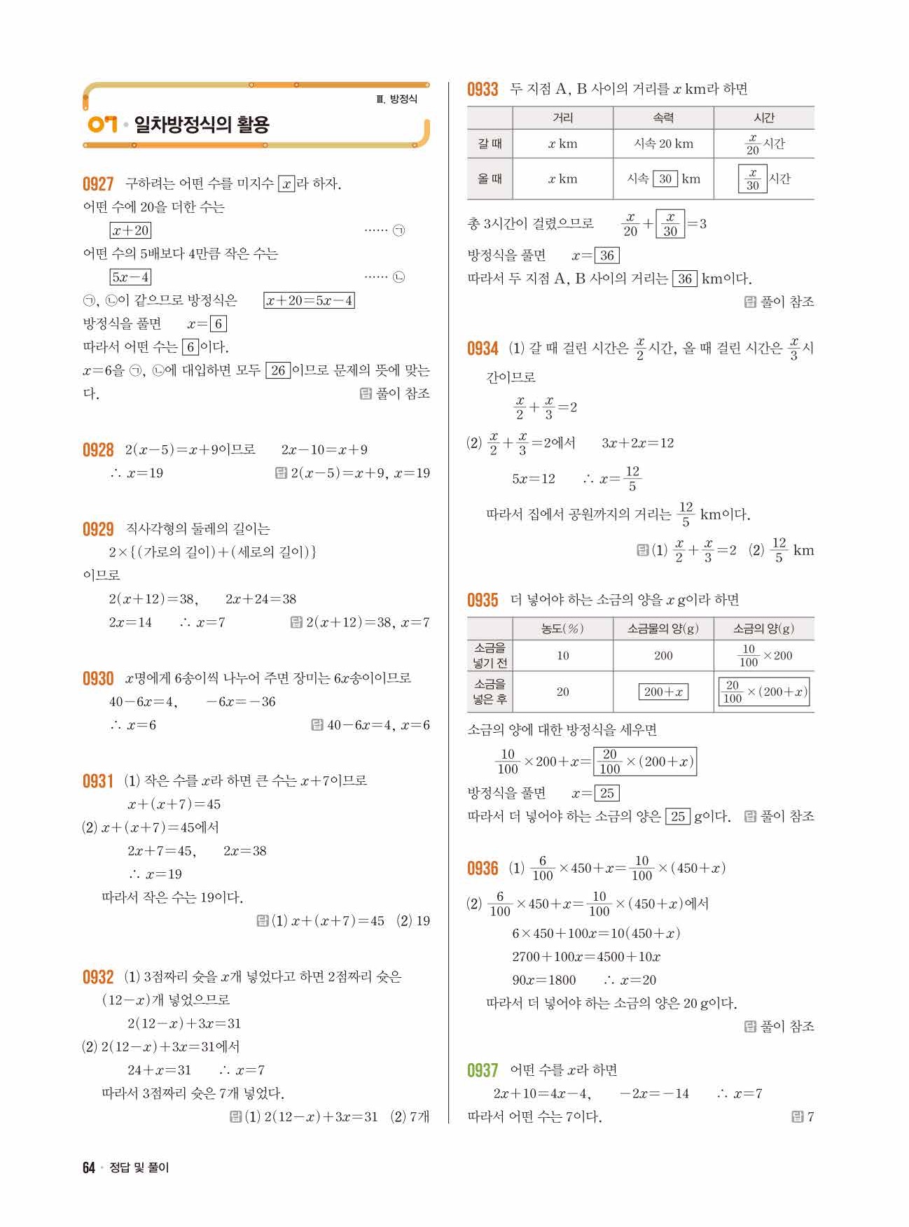 라이트쎈 중1-1 답지 64