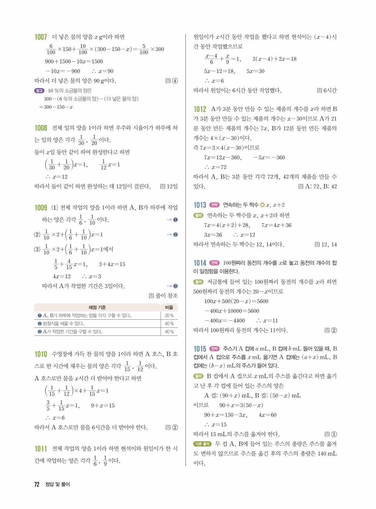라이트쎈 중1-1 답지 72
