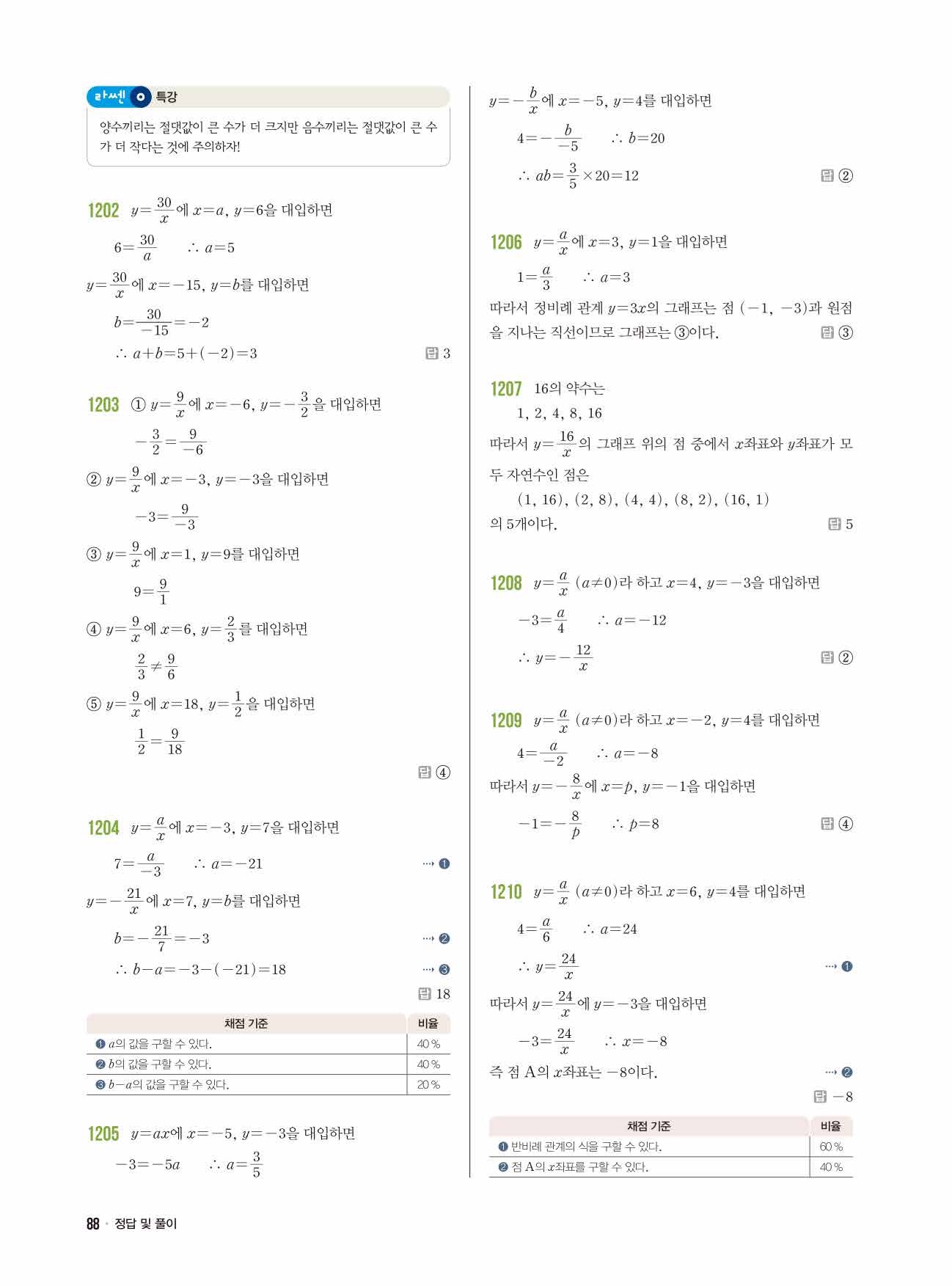 라이트쎈 중1-1 답지 88