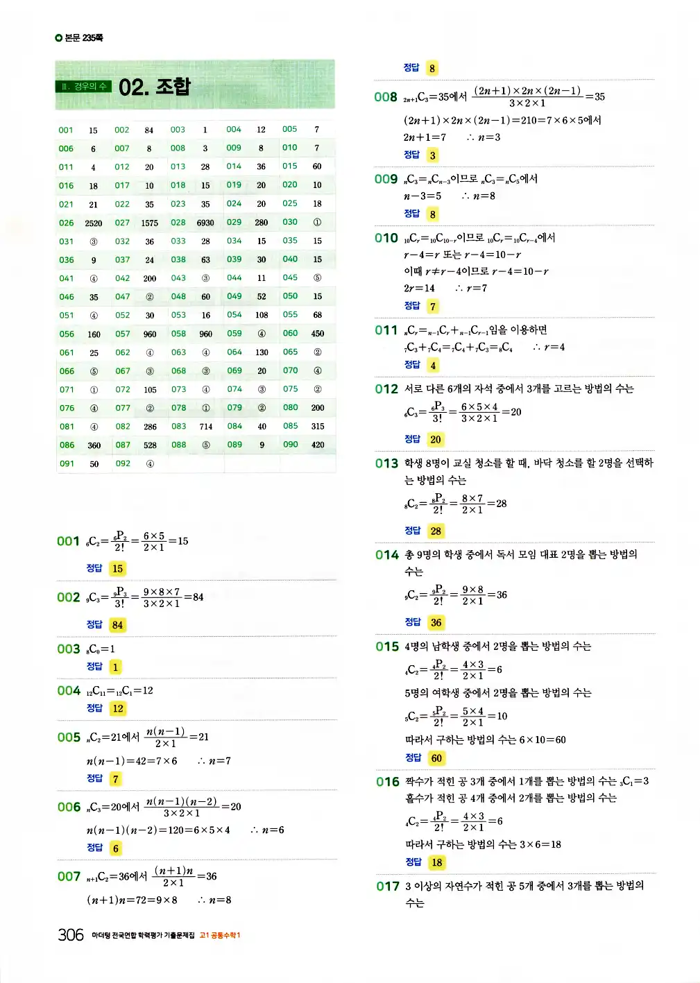 2026 마더텅 전국연합 학력평가 기출문제집 고1 공통수학1 답지 308페이지