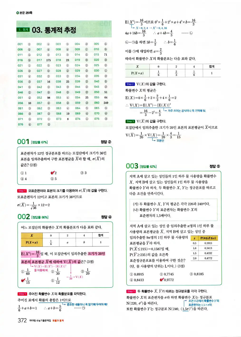 2026 마더텅 수능기출문제집 확률과통계 답지 374페이지