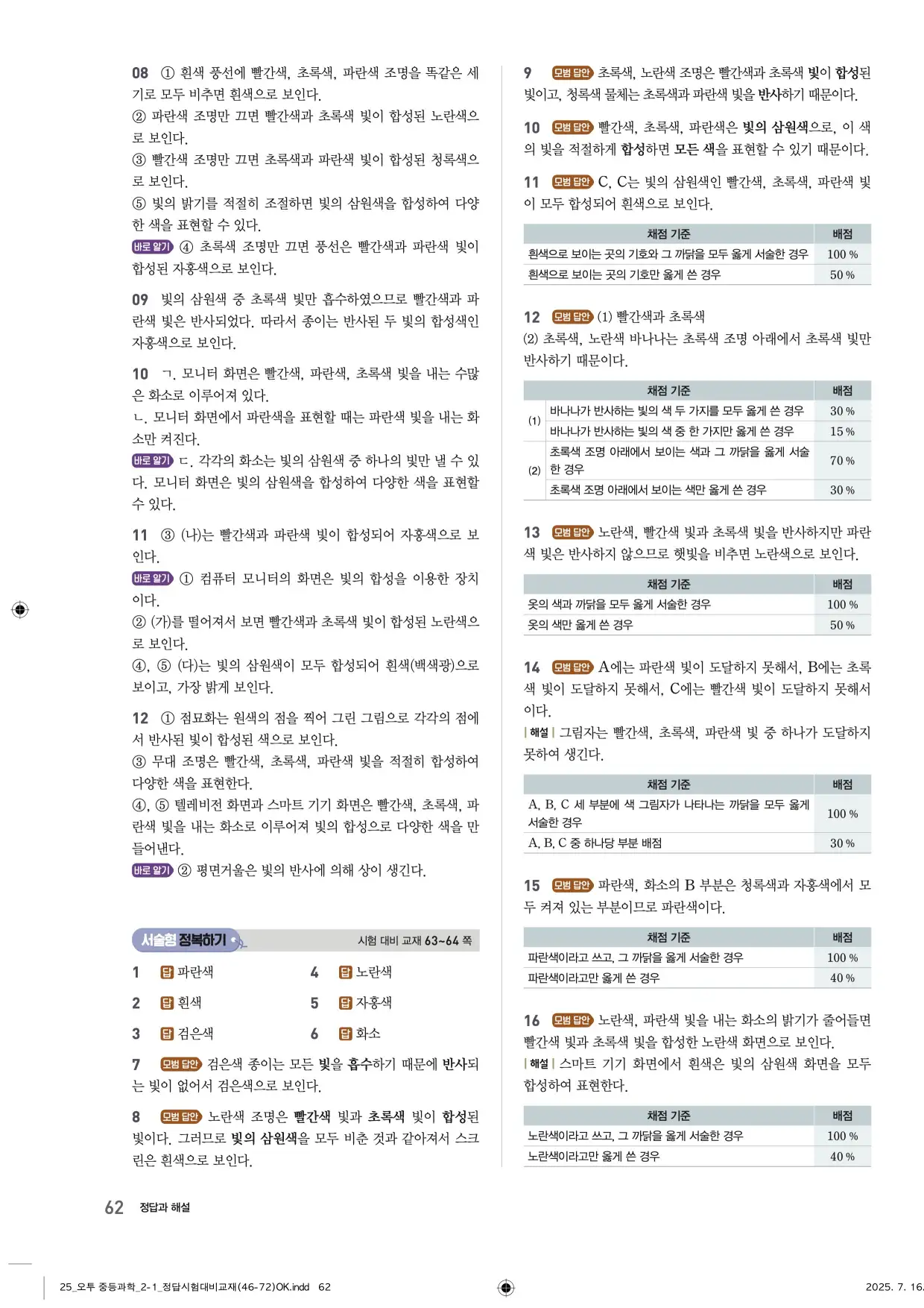 22개정오투과학2-1답지 62페이지