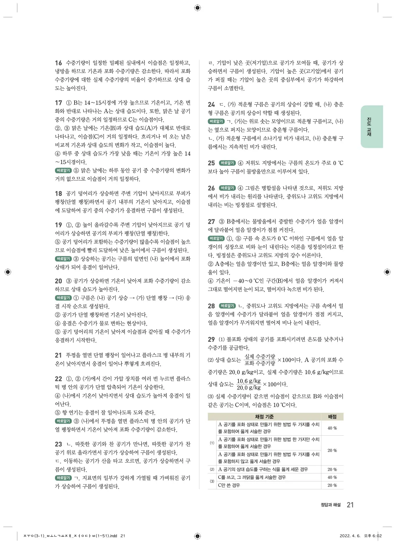 22개정오투과학3-1답지 21페이지