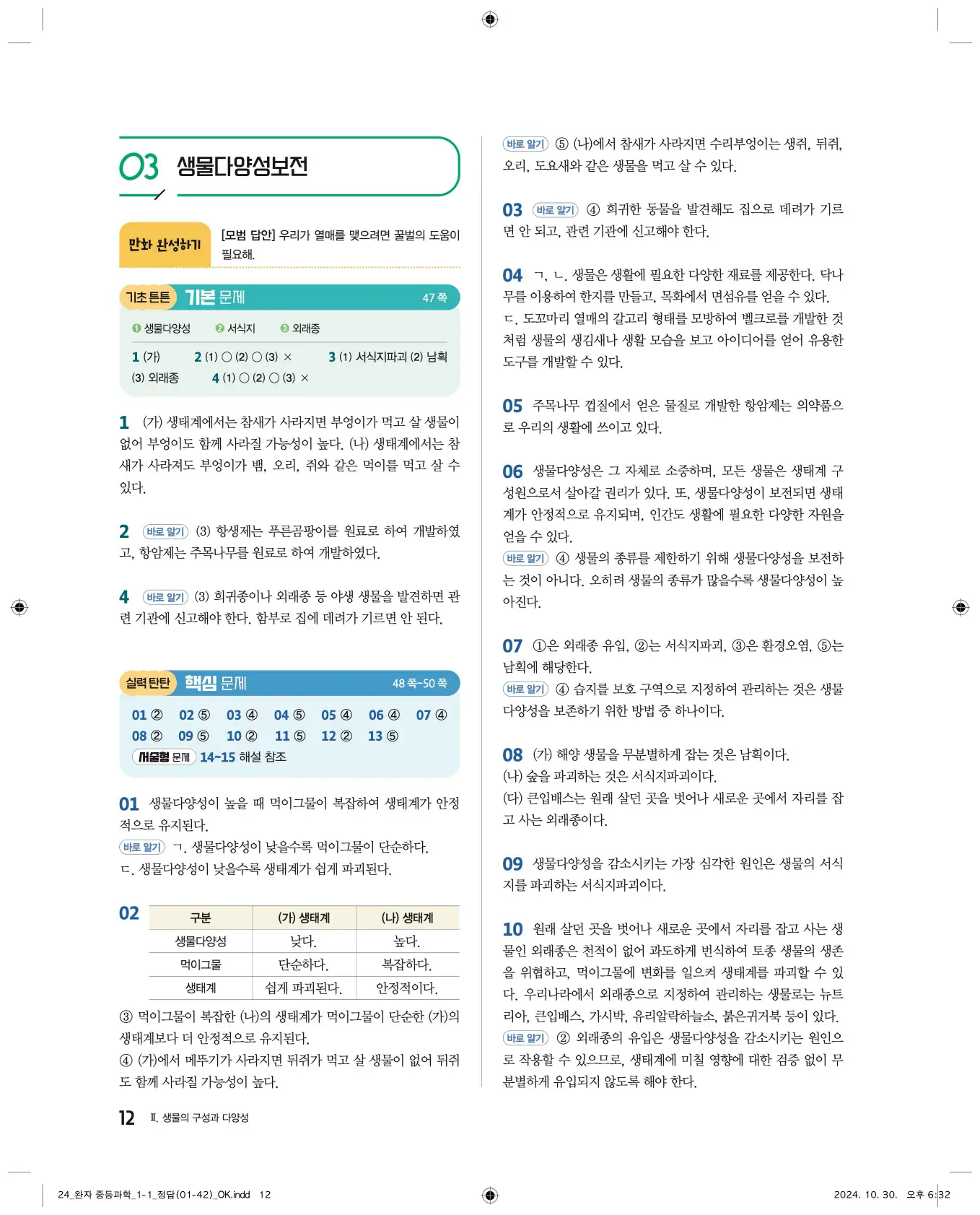 22개정완자중등과학1답지 12페이지