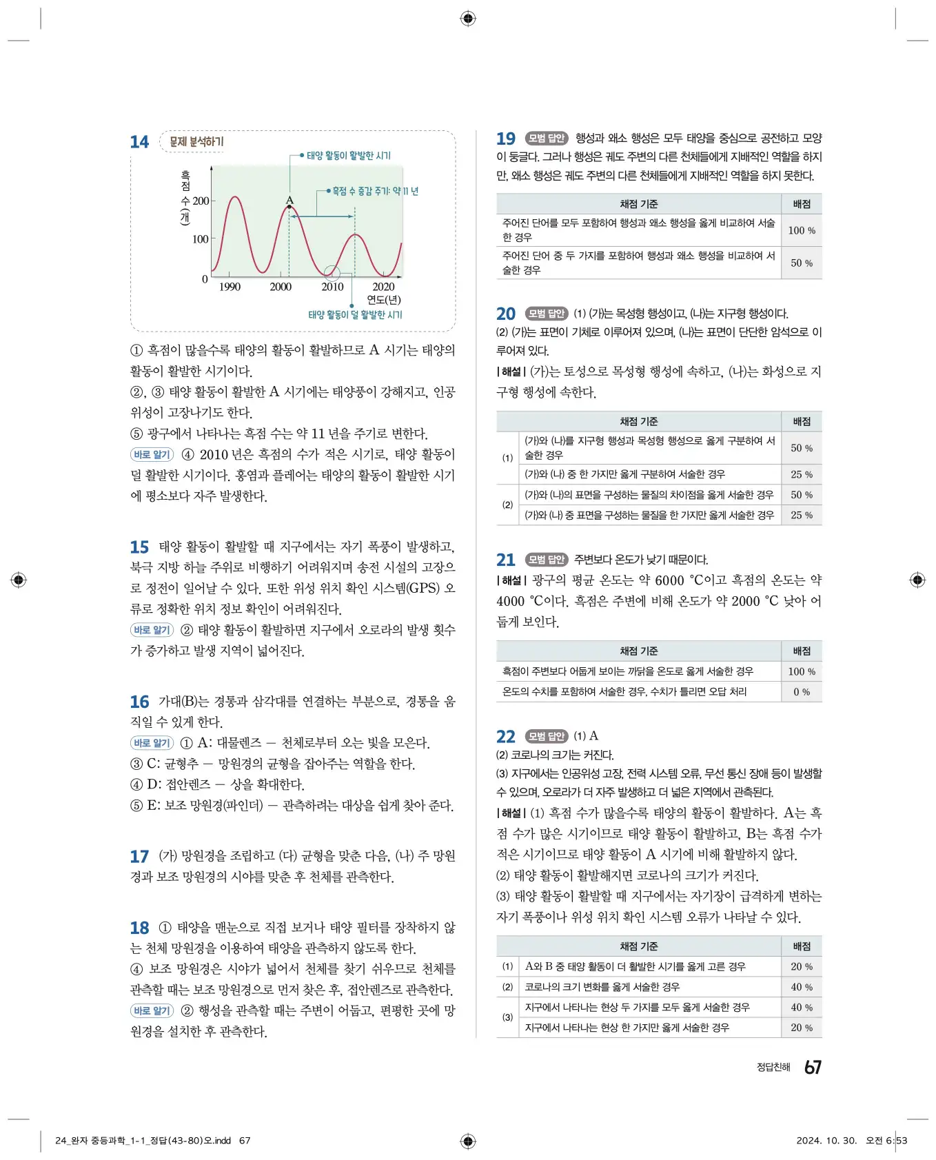 22개정완자중등과학1답지 67페이지