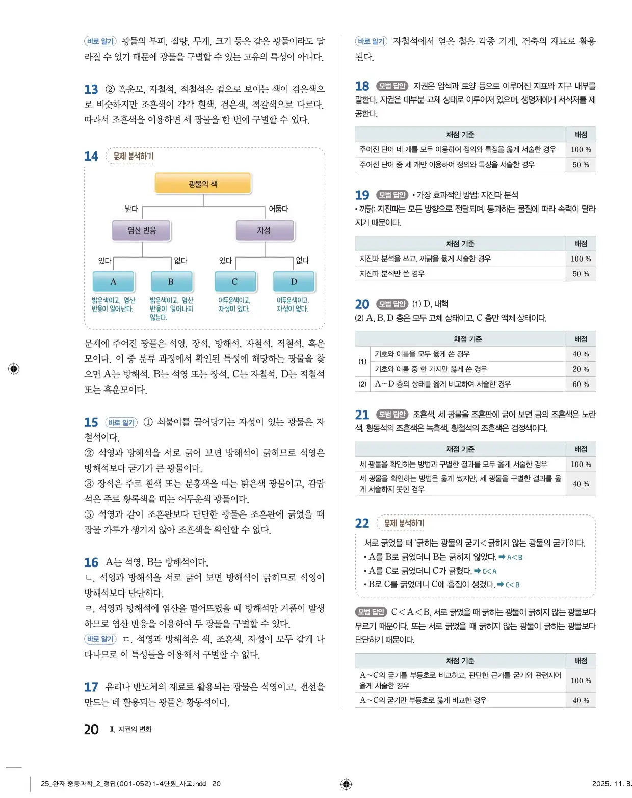 22개정완자중등과학2답지 20페이지