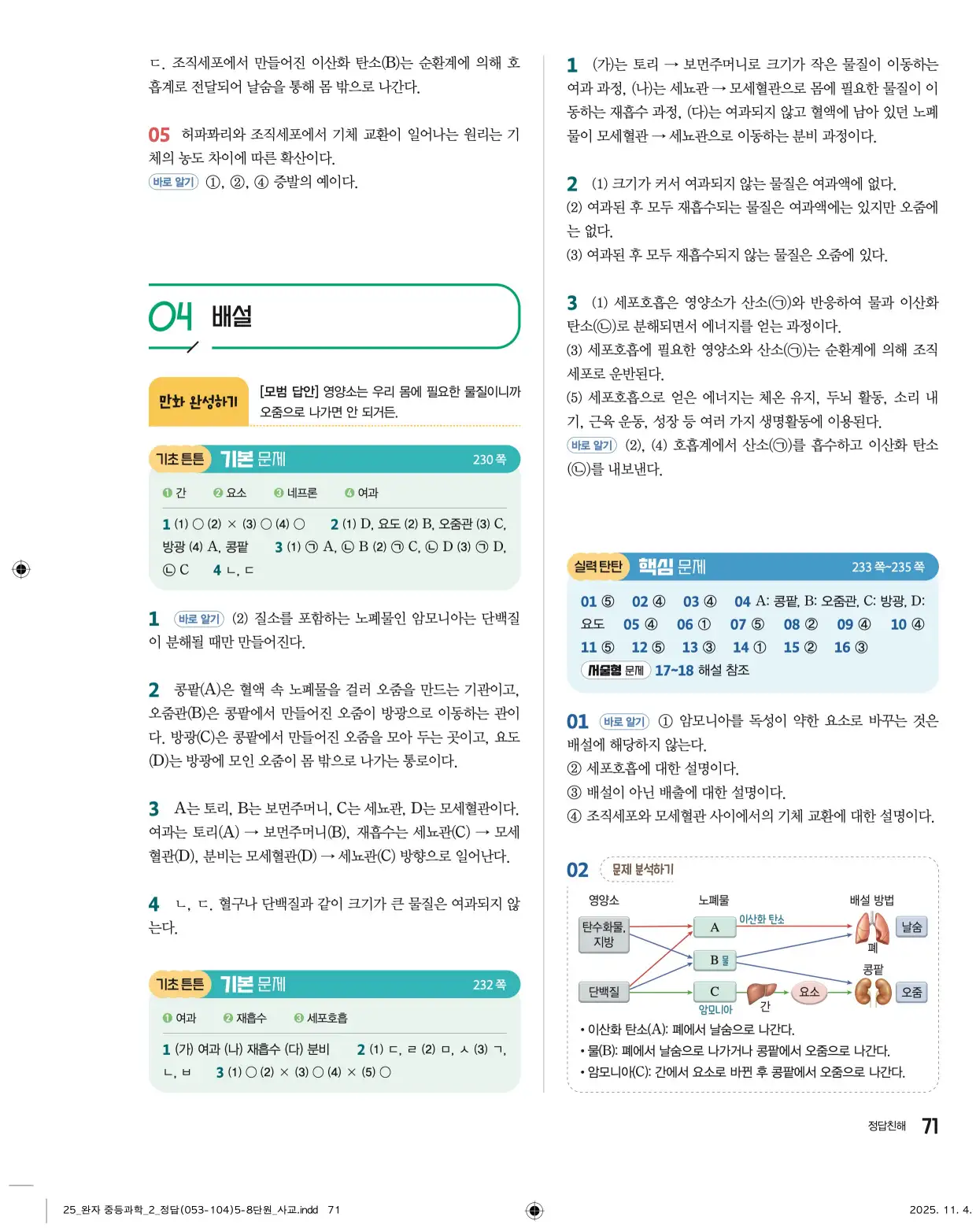 22개정완자중등과학2답지 71페이지