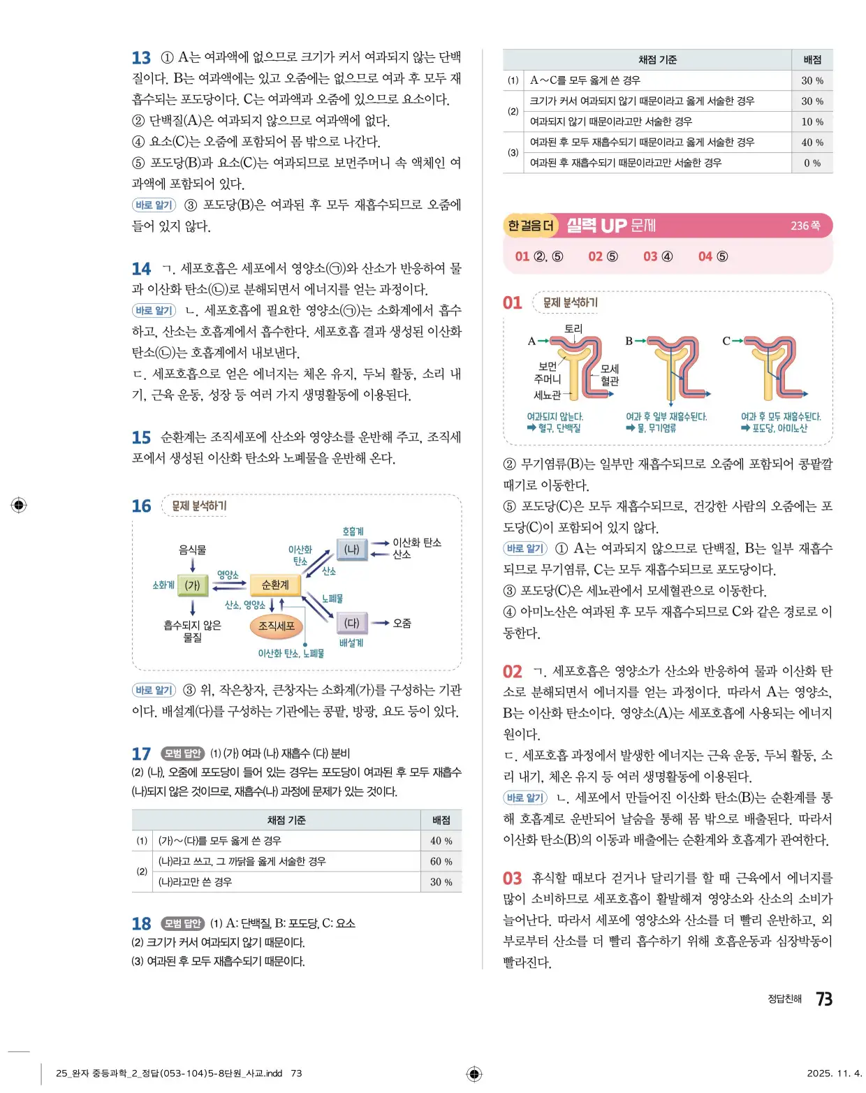 22개정완자중등과학2답지 73페이지