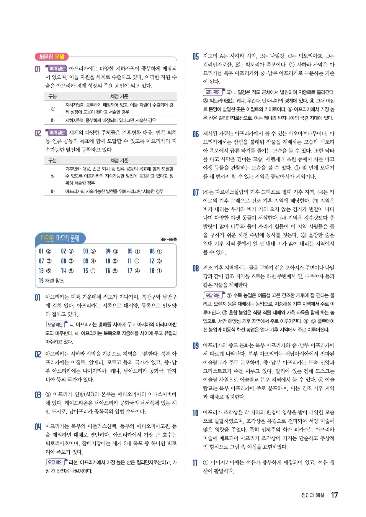 22개정한끝중학사회1-1답지 17페이지