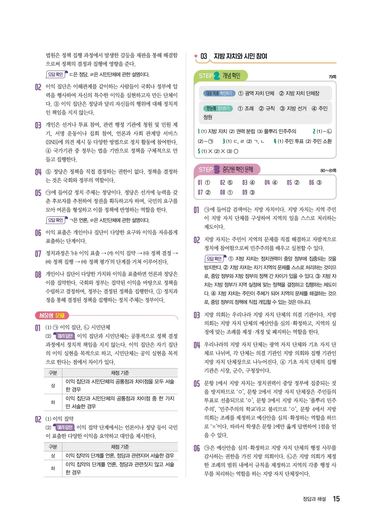 22개정한끝중학사회1-2답지 15페이지