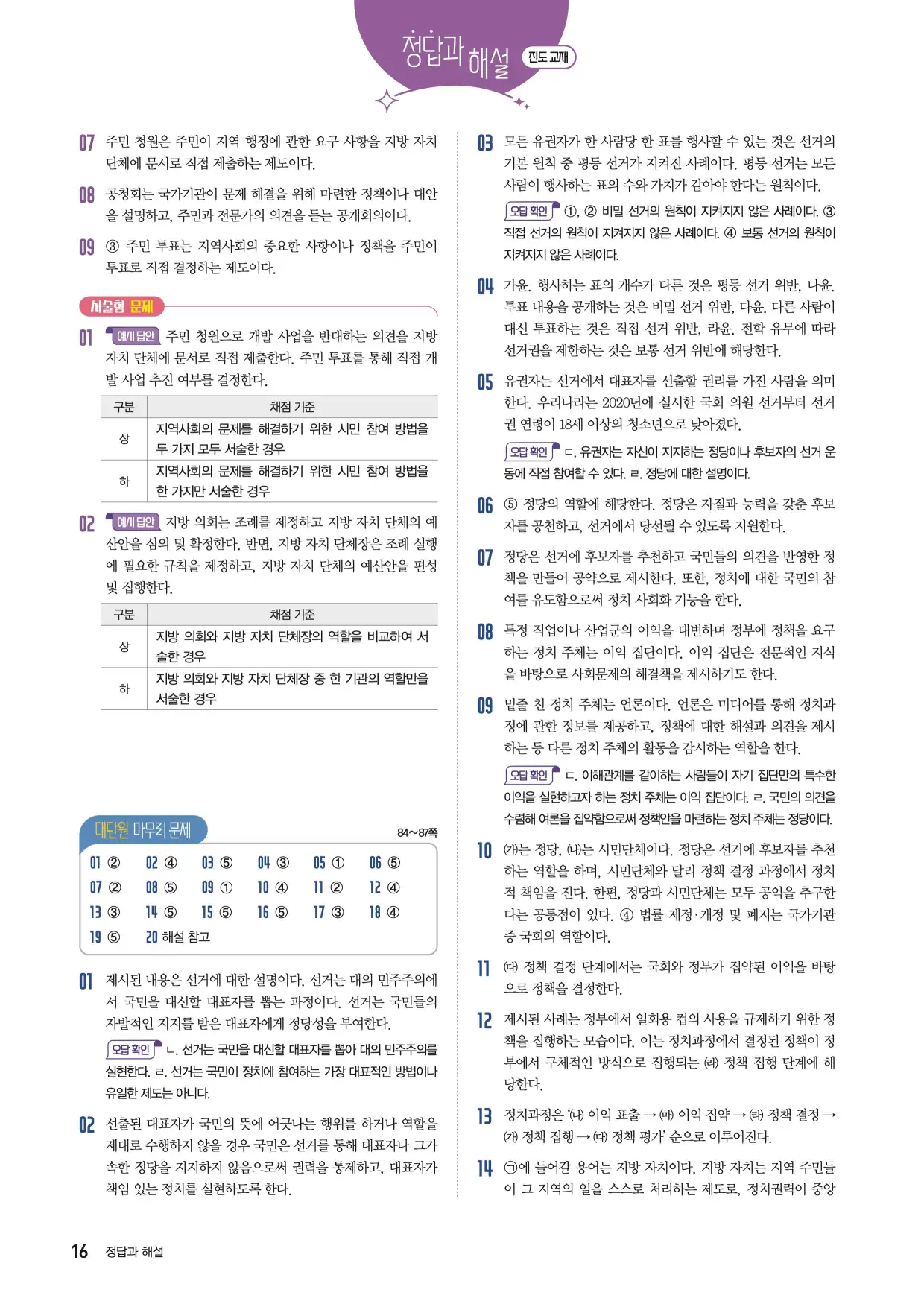 22개정한끝중학사회1-2답지 16페이지