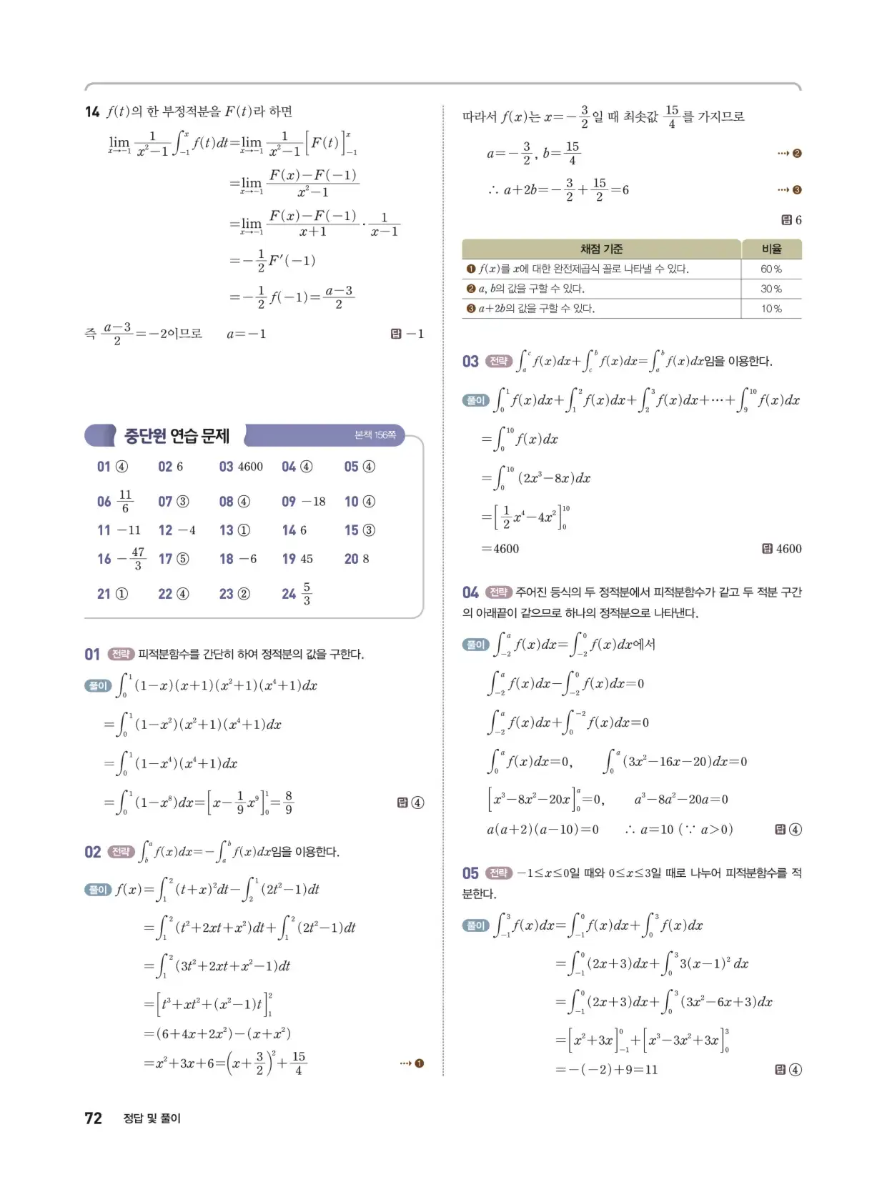 개념쎈 라이트 미적분 1 답지 72페이지