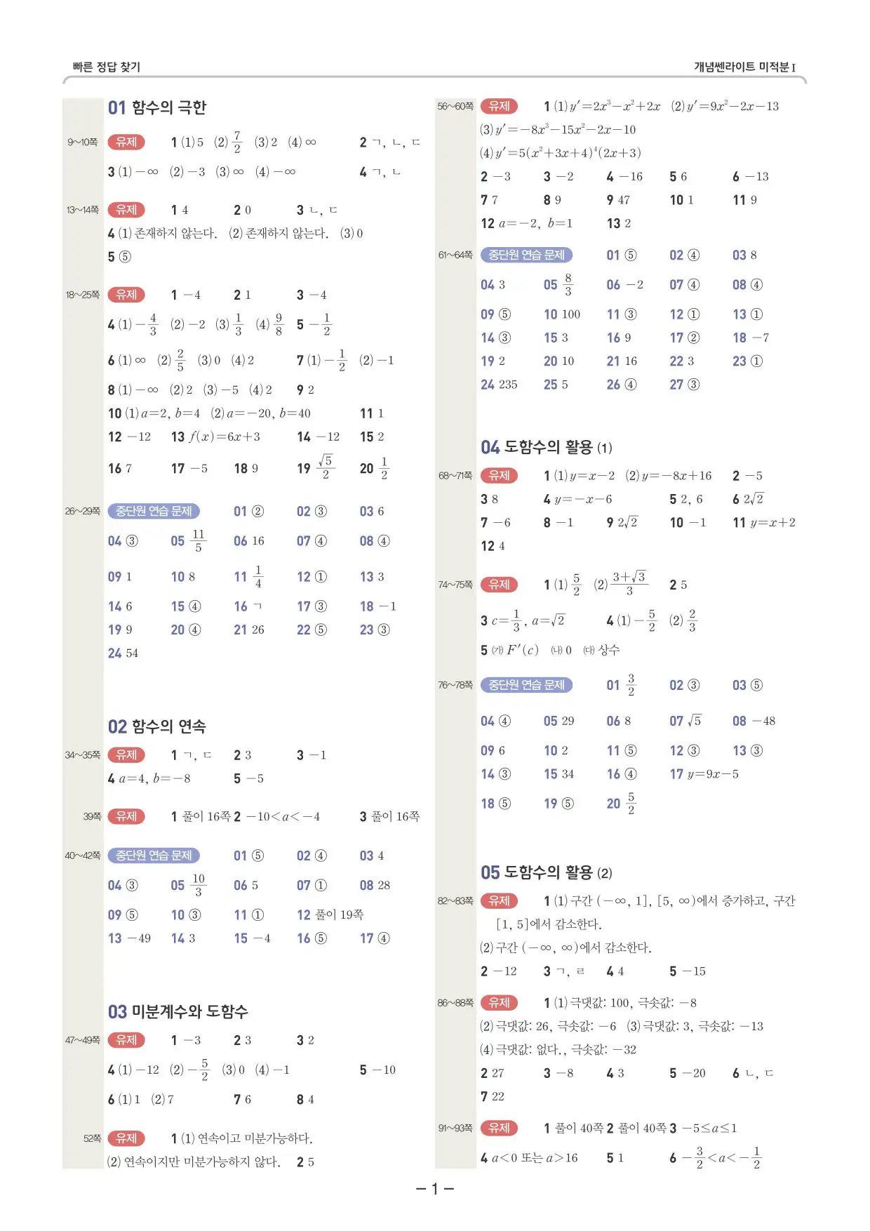 개념쎈 라이트 미적분 1 빠른답지 1