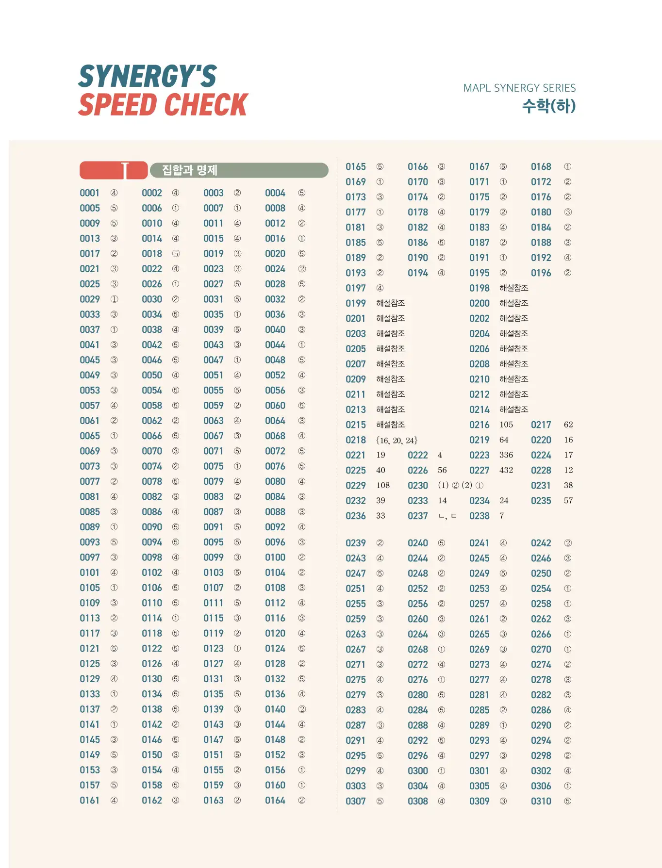 마플시너지 수학하 답지 빠른정답 1페이지