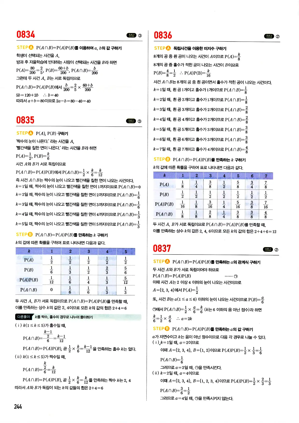 마플시너지 확률과 통계 답지 244페이지