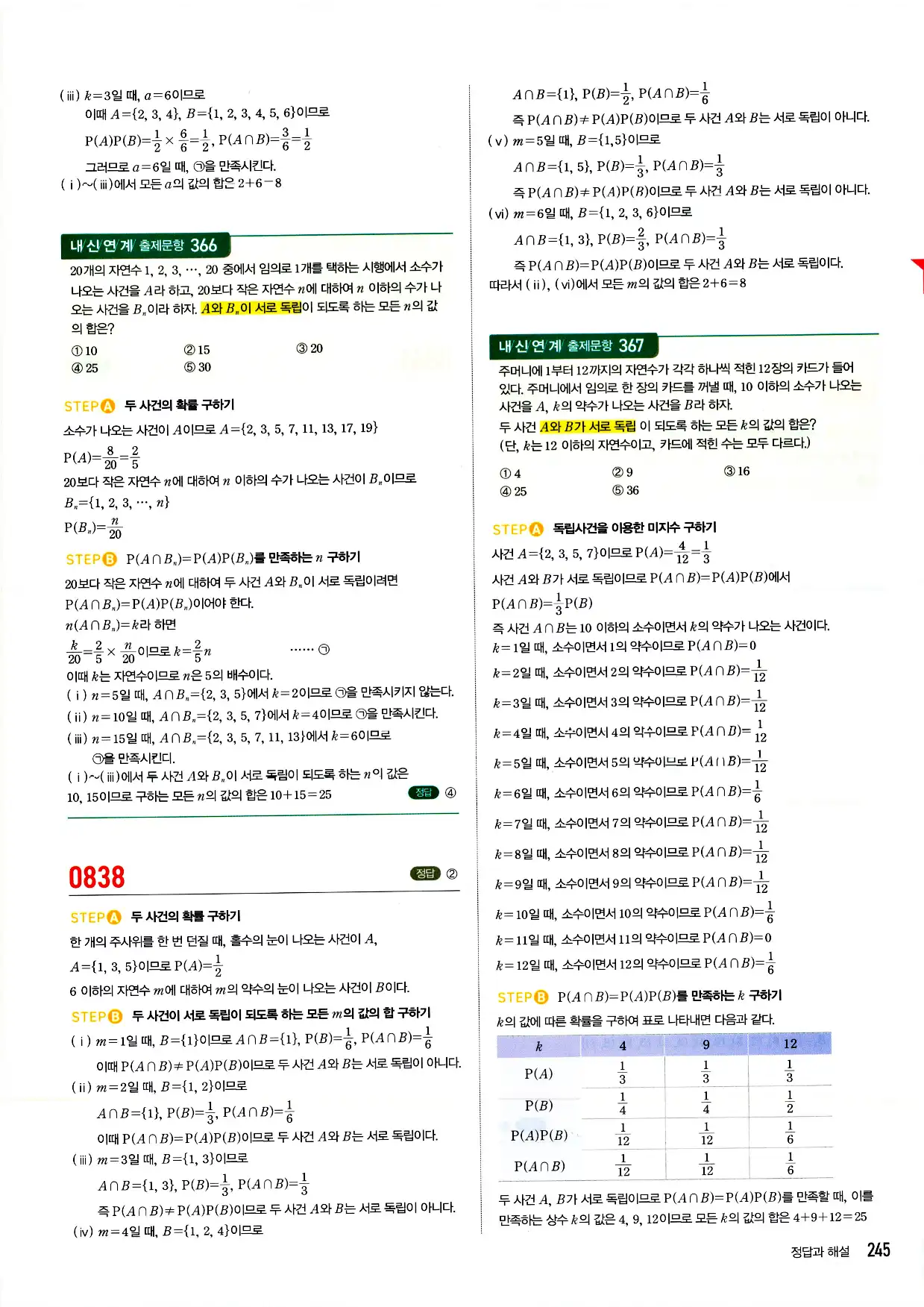 마플시너지 확률과 통계 답지 245페이지