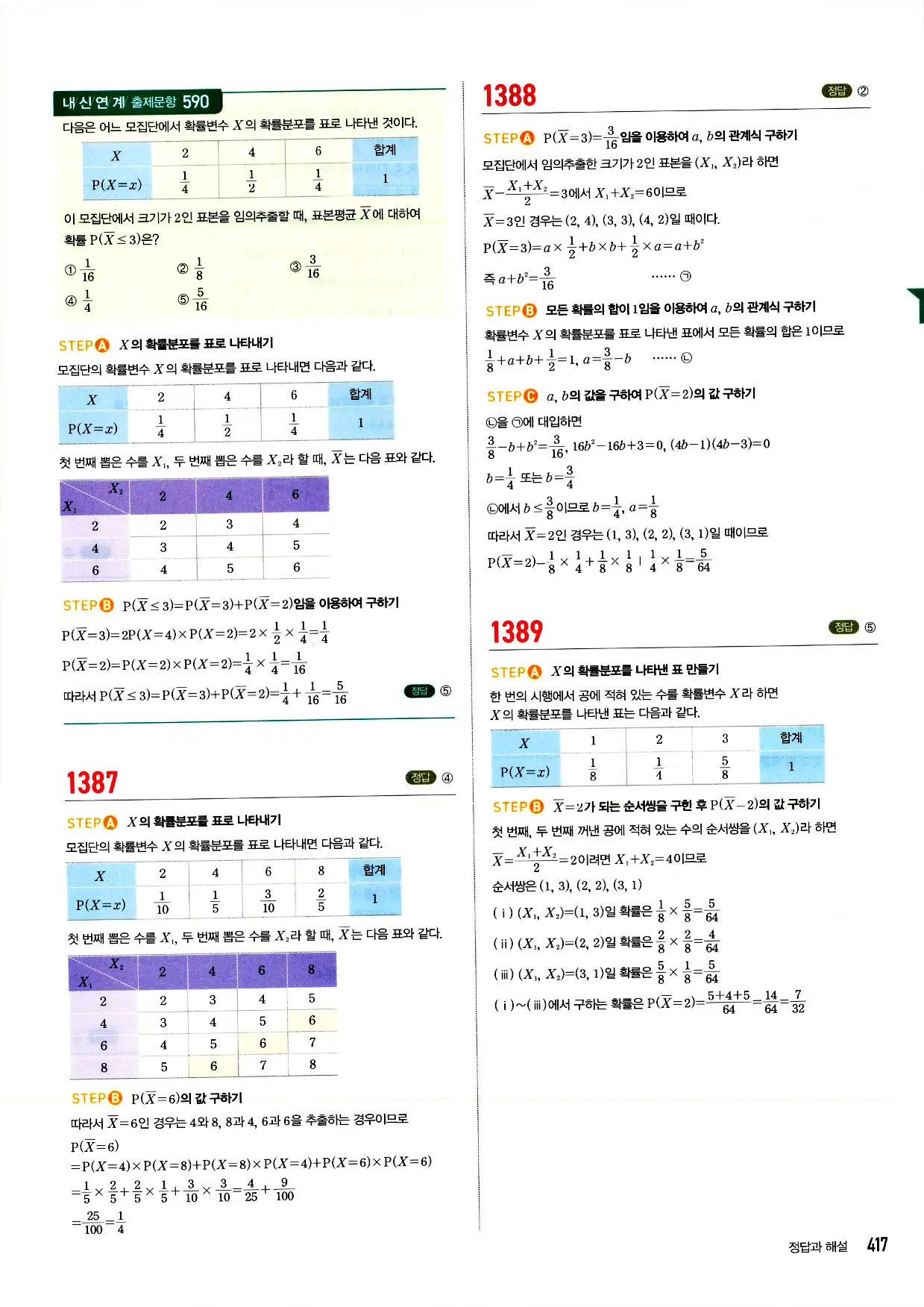 마플시너지 확률과 통계 답지 417페이지