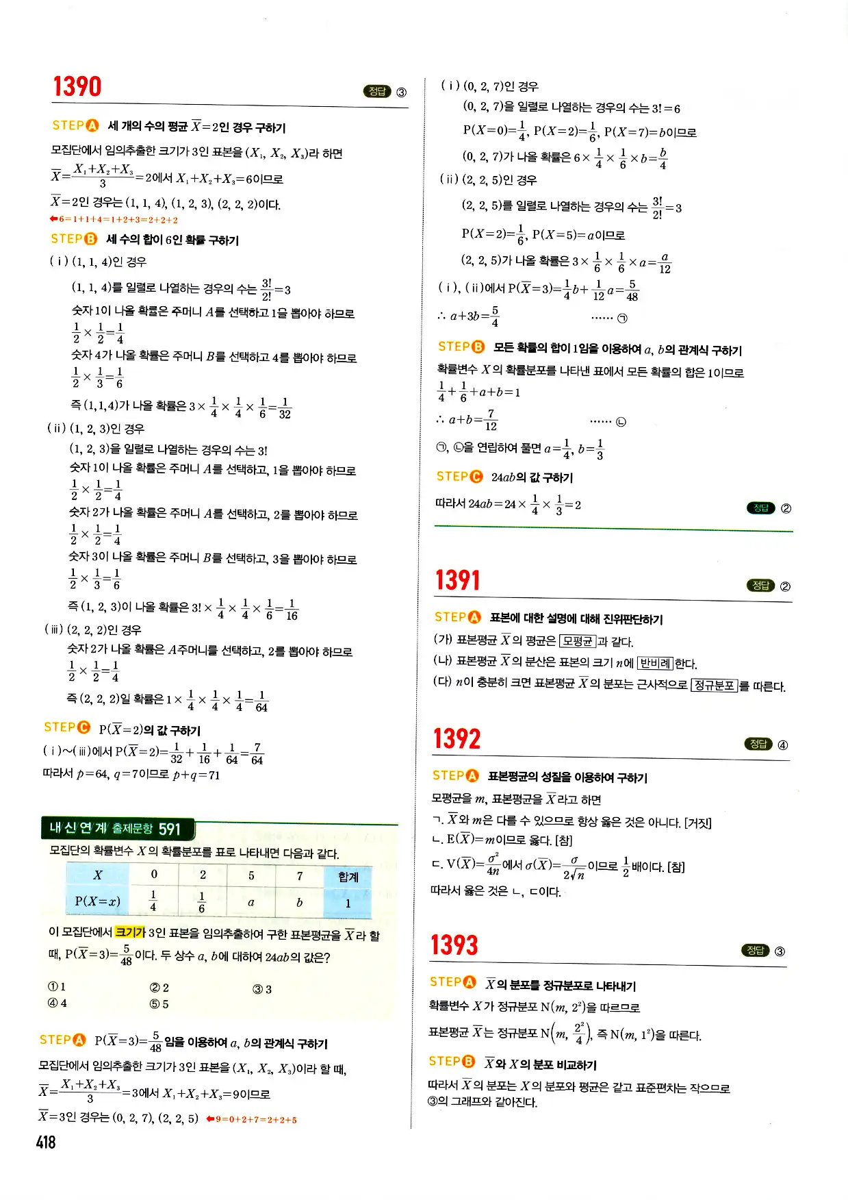 마플시너지 확률과 통계 답지 418페이지