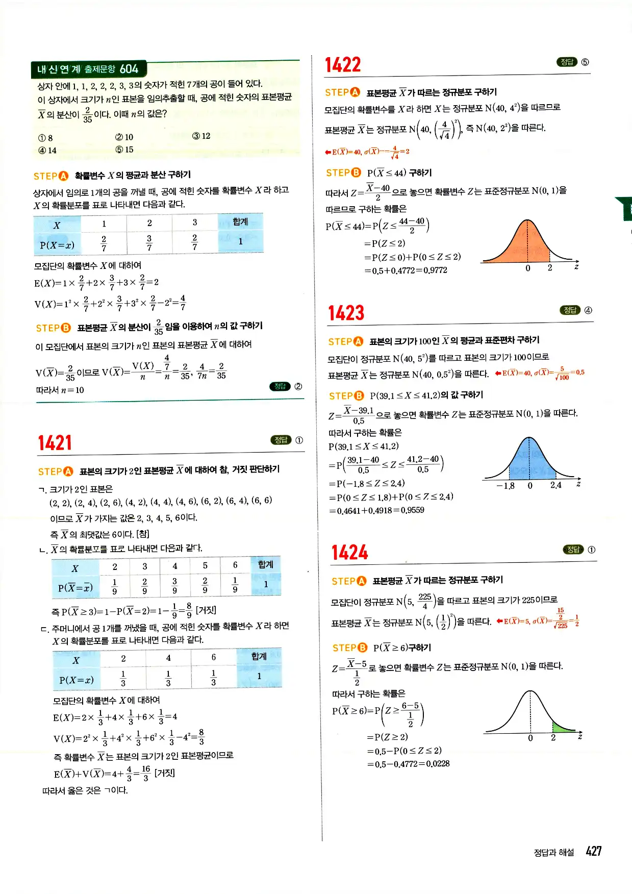 마플시너지 확률과 통계 답지 427페이지