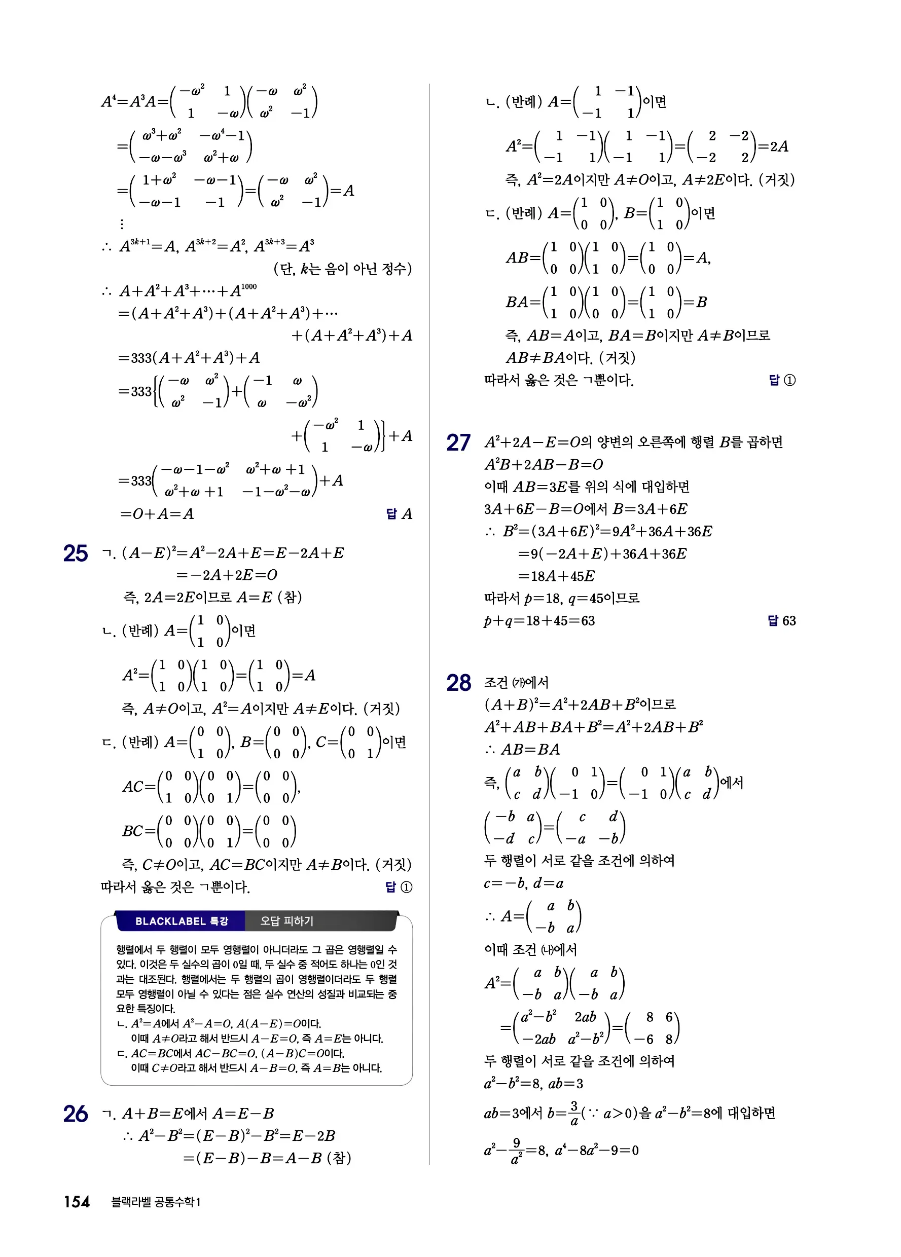블랙라벨 공통수학1 답지 154페이지