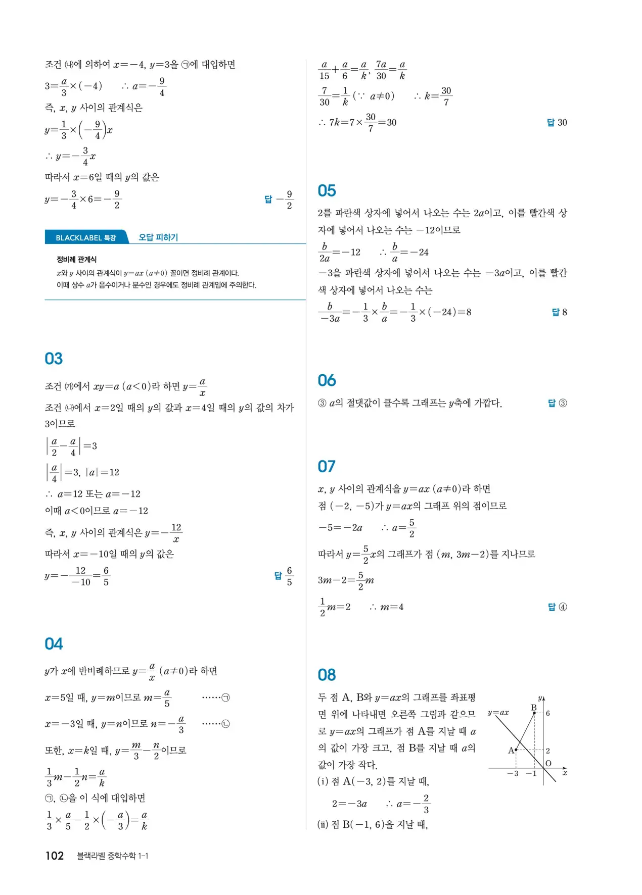 블랙라벨 중1-1 답지 102페이지