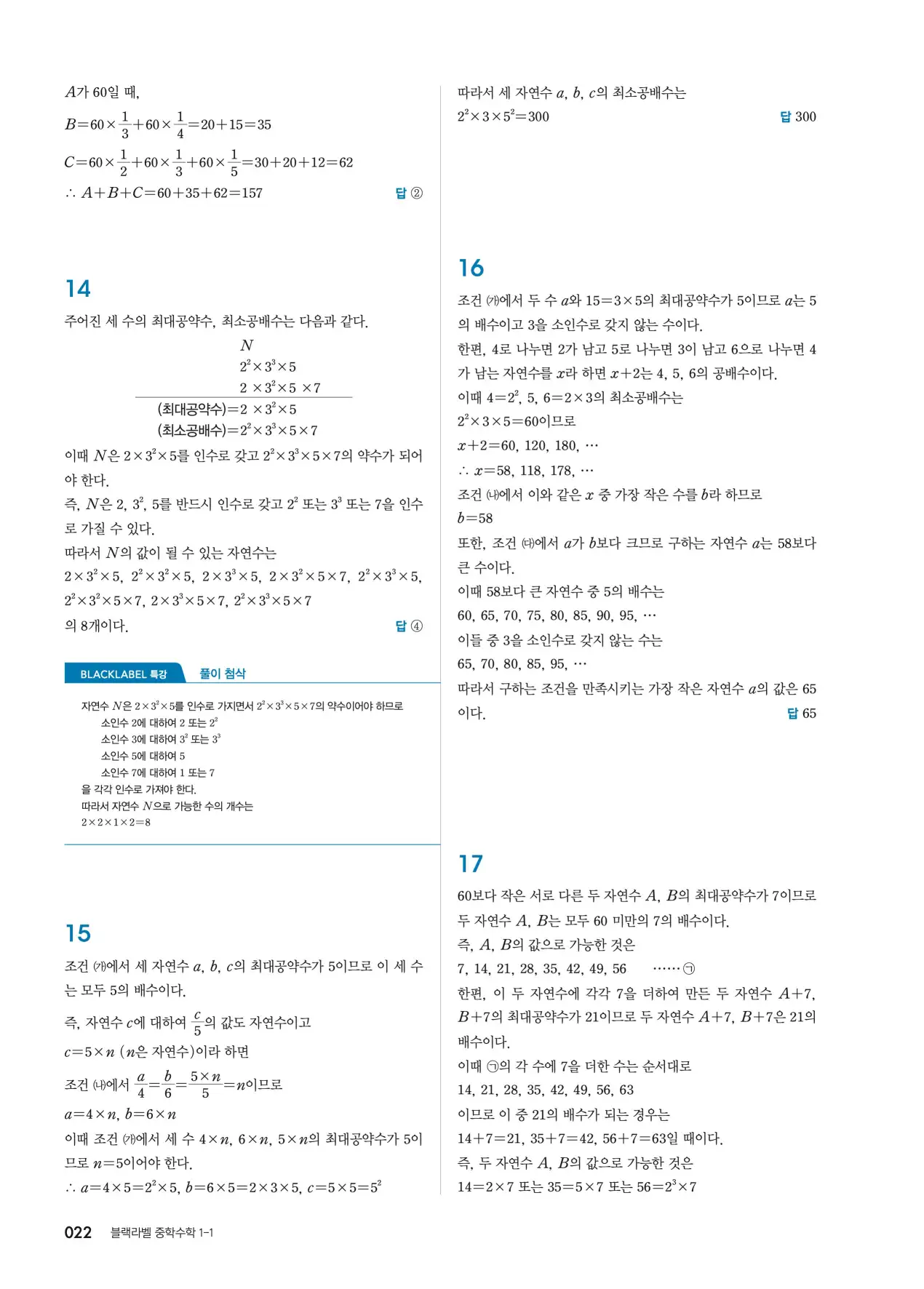 블랙라벨 중1-1 답지 22페이지