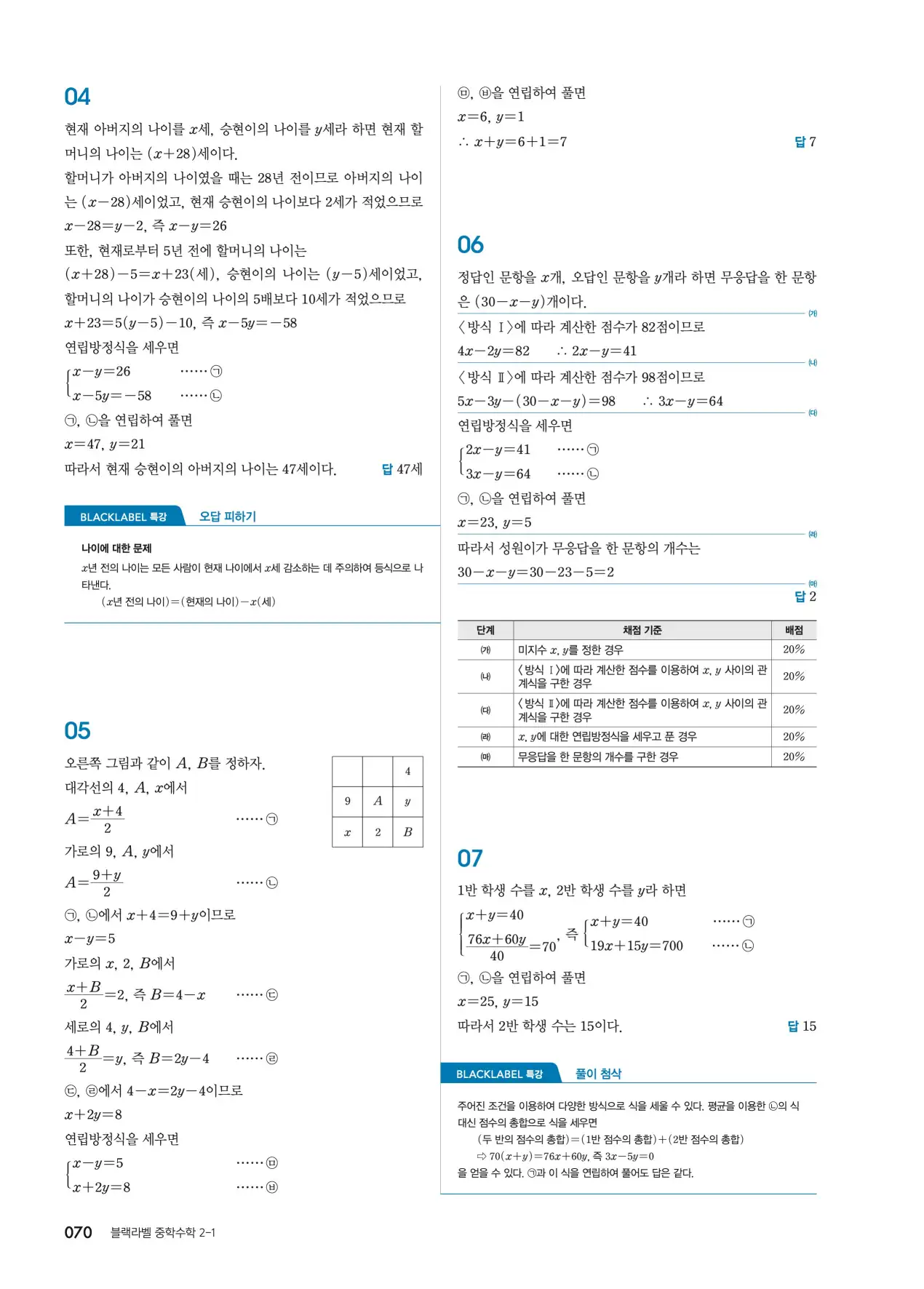 블랙라벨 중2-1 답지 70페이지