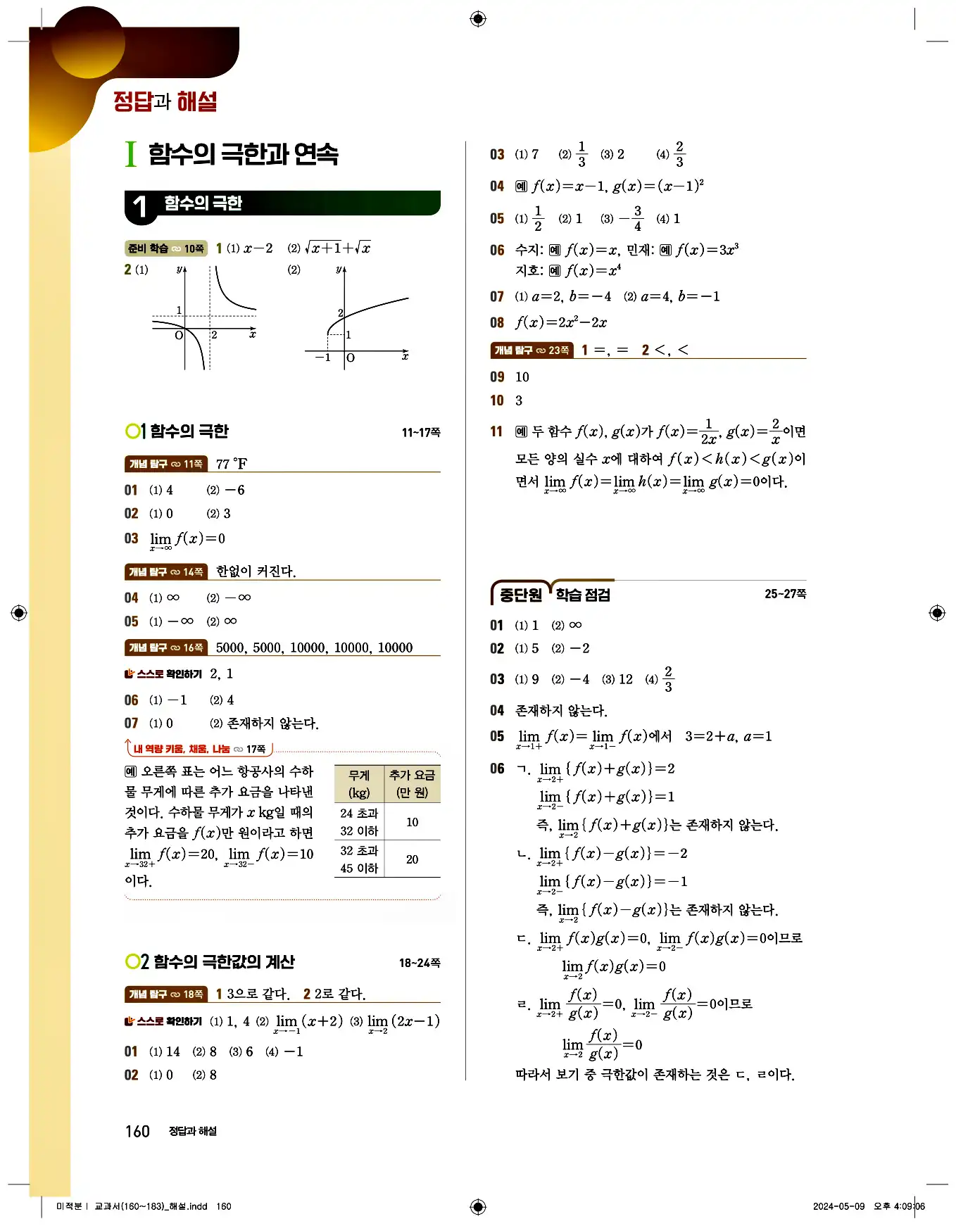 비상 수학교과서 미적분1 답지 160페이지