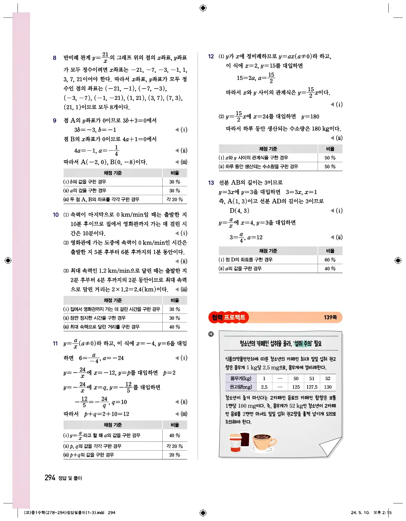 비상 수학교과서 중1 답지 294페이지