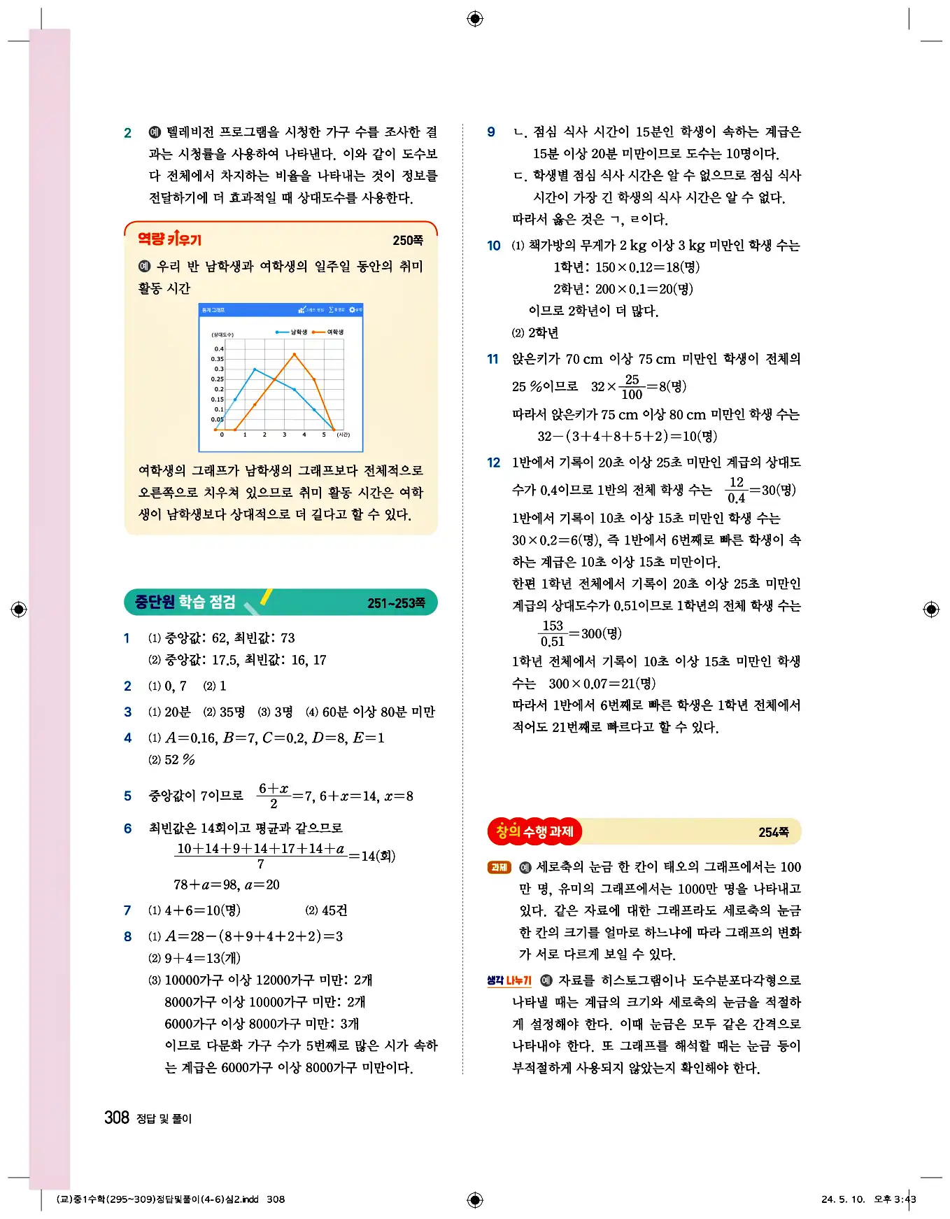 비상 수학교과서 중1 답지 308페이지