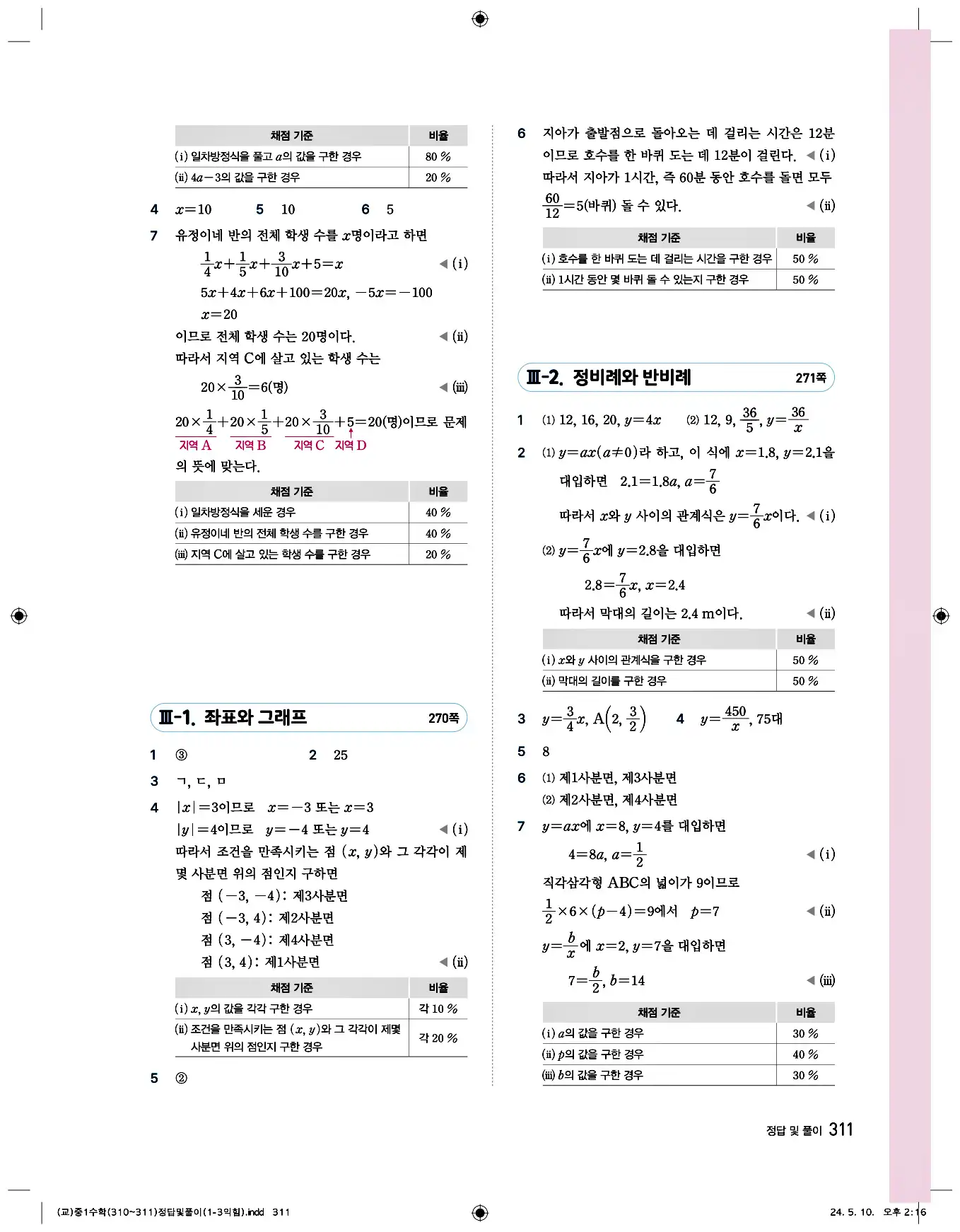 비상 수학교과서 중1 답지 311페이지