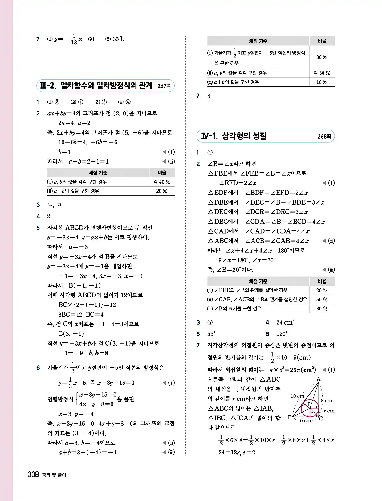 비상 수학교과서 중2 답지 308페이지