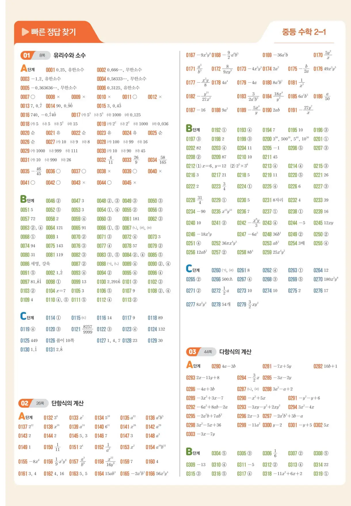 쎈 수학 중등 2-1 빠른답지 2