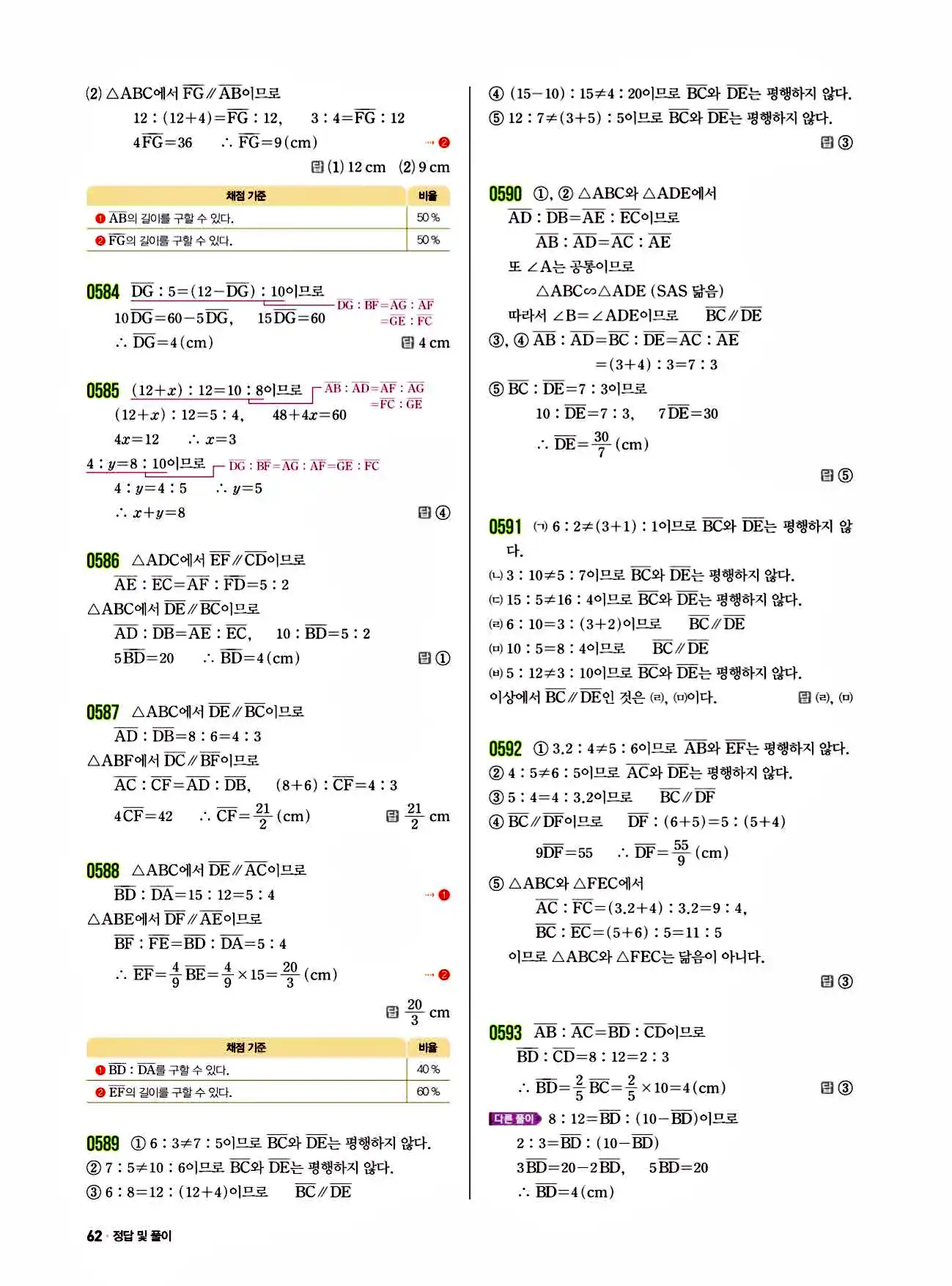 쎈 중2-2 답지 62페이지