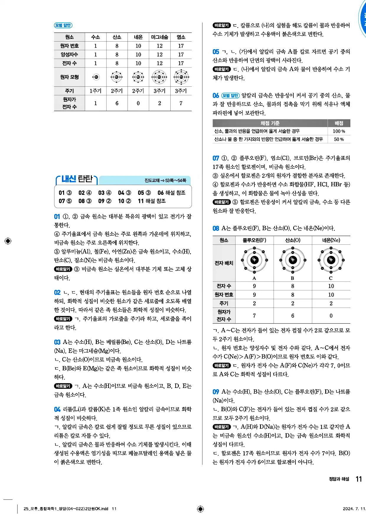 오투 통합과학1 답지 11페이지