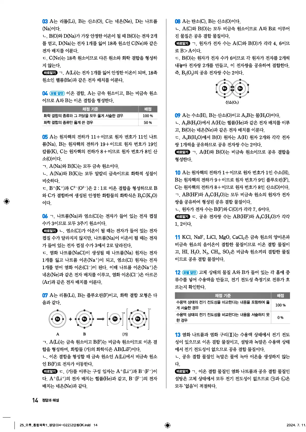 오투 통합과학1 답지 14페이지