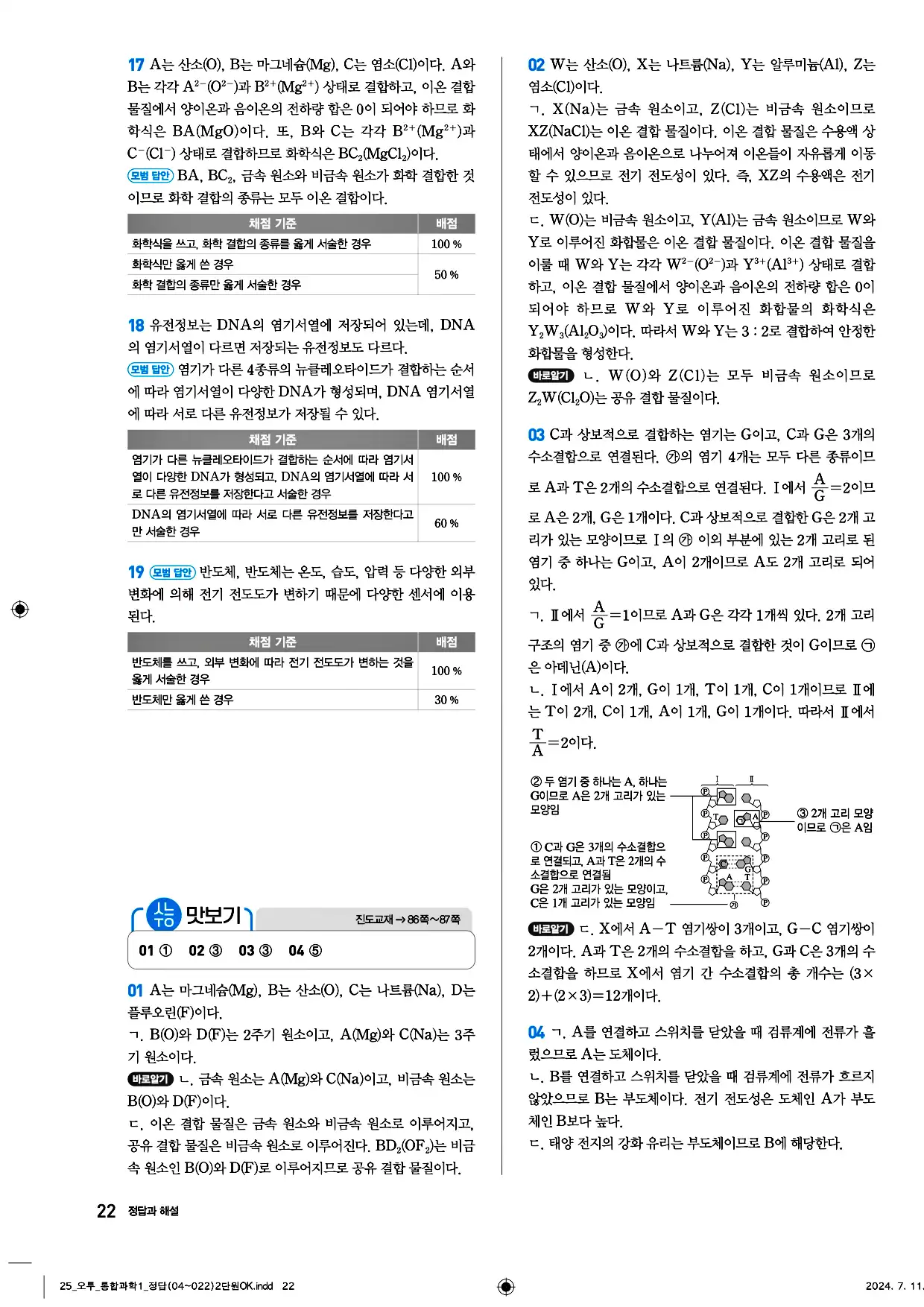 오투 통합과학1 답지 22페이지
