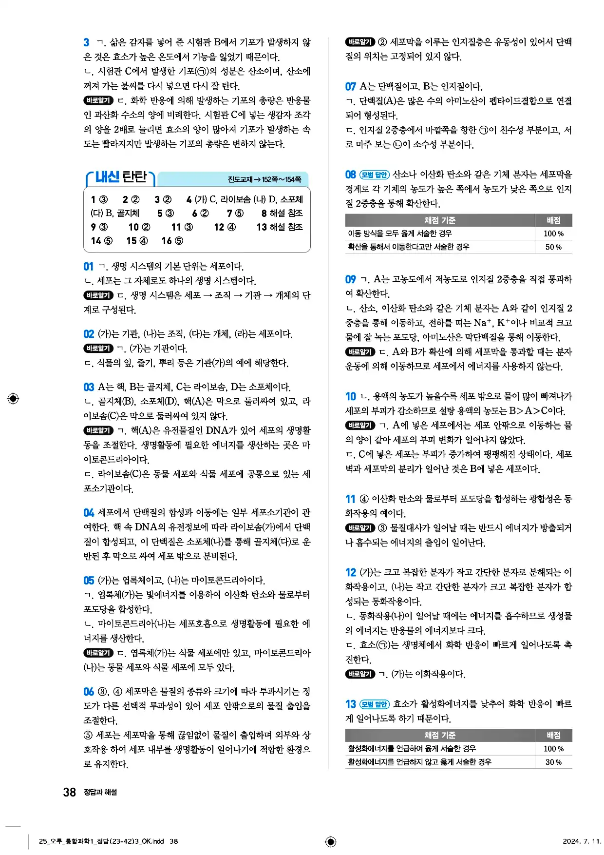 오투 통합과학1 답지 38페이지