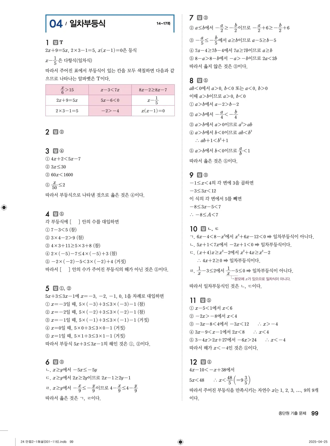 유형만렙 중2-1 답지 99페이지