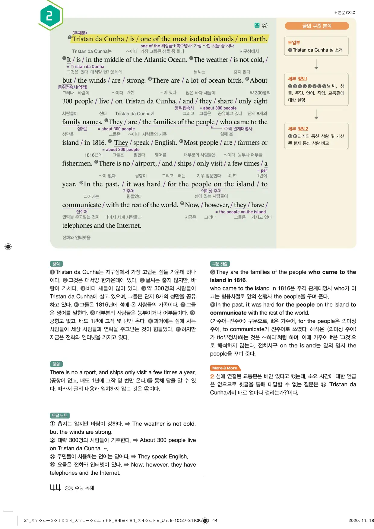 중학수능독해영어독해레벨1답지 44페이지