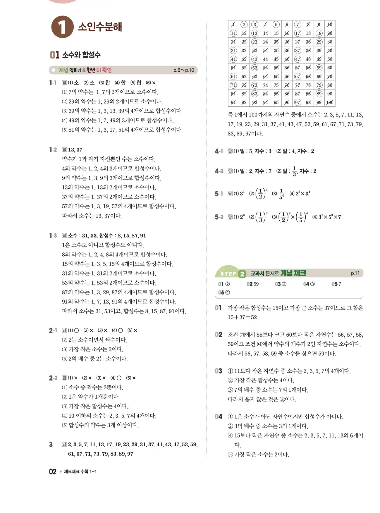 체크체크 중1-1 답지 2페이지