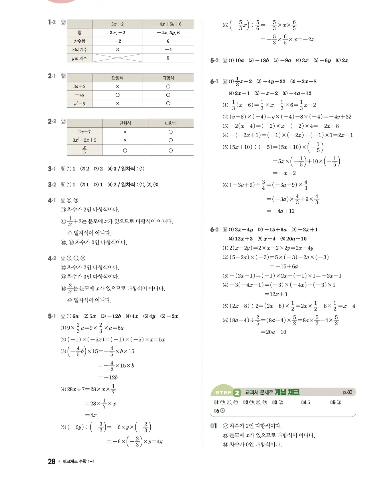 체크체크 중1-1 답지 28페이지