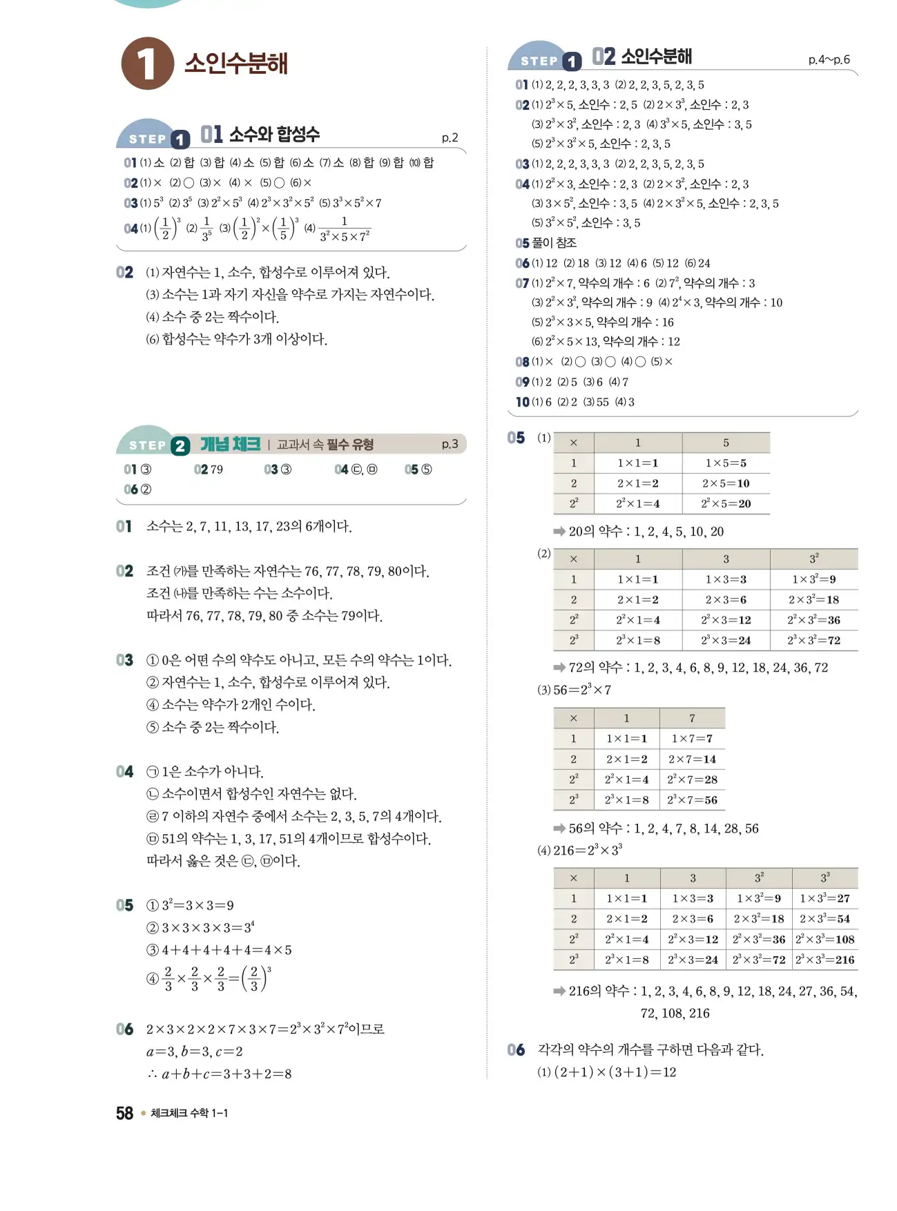 체크체크 중1-1 답지 58페이지