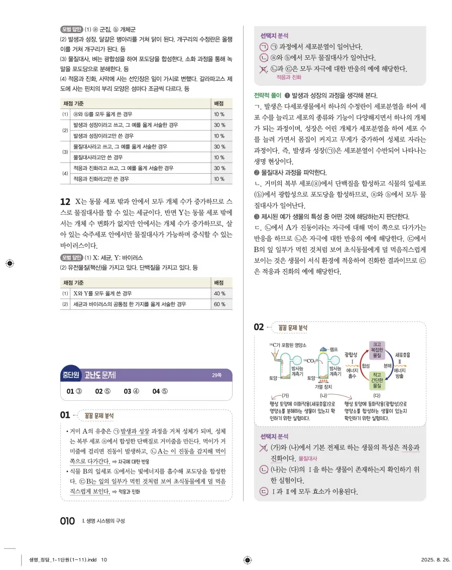 2022 개정 완자 고등 생명과학 답지 10페이지