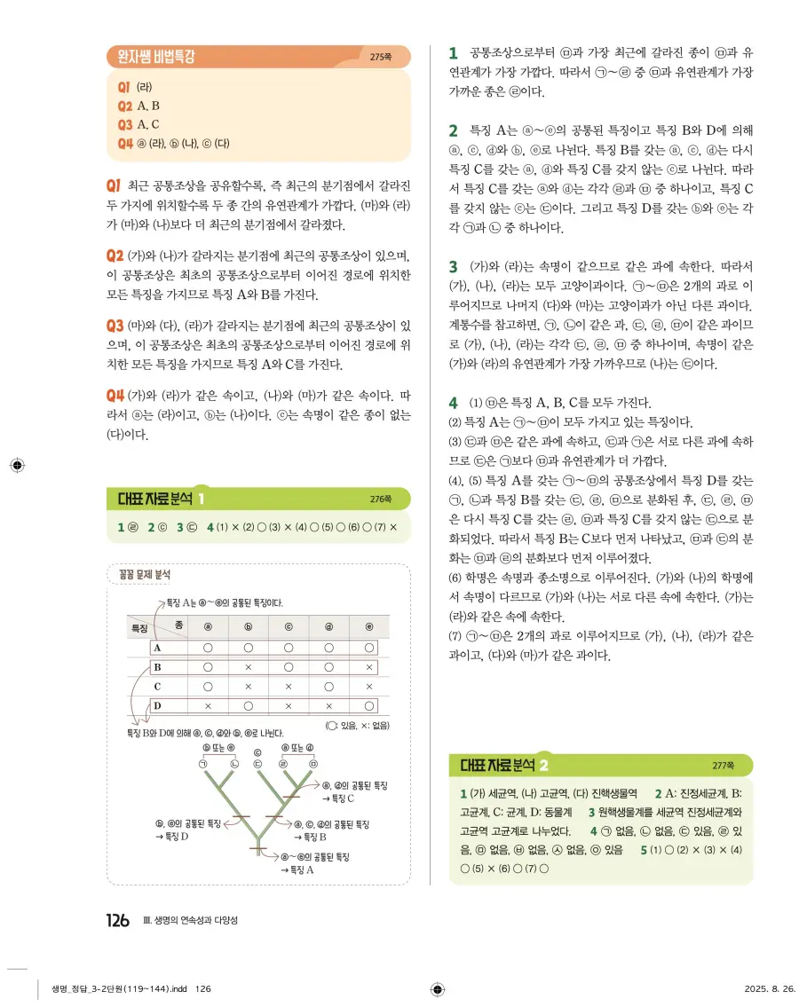 2022 개정 완자 고등 생명과학 답지 126페이지